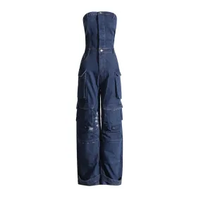Patchwork Pockets Denim Jumpsuits For Women Strapless Sleeveless Off Shoulder High Waist Casual Fashion Jumpsuit Female