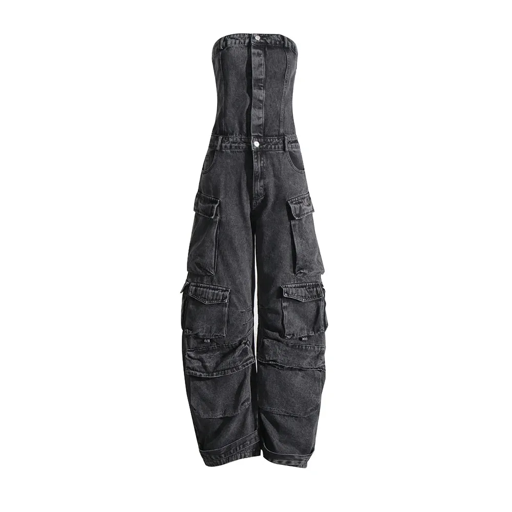 Patchwork Pockets Denim Jumpsuits For Women Strapless Sleeveless Off Shoulder High Waist Casual Fashion Jumpsuit Female