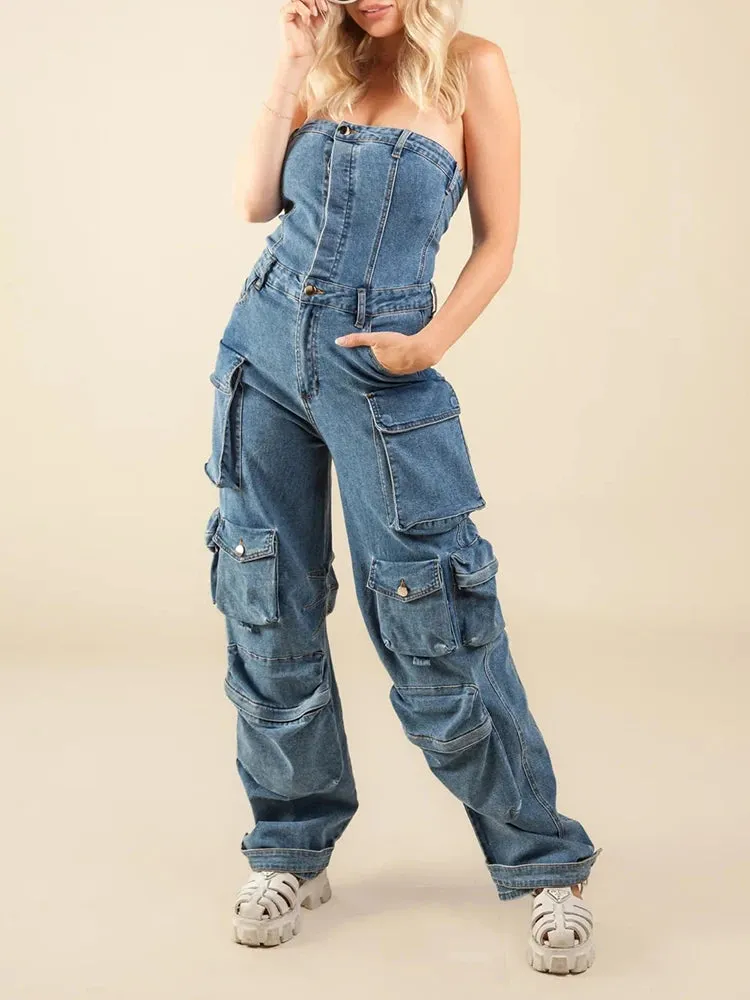 Patchwork Pockets Denim Jumpsuits For Women Strapless Sleeveless Off Shoulder High Waist Casual Fashion Jumpsuit Female
