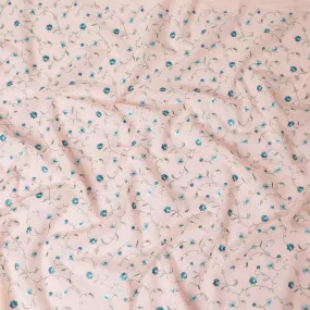 Peach cotton voile fabric with sapphire blue, olive green and powder blue embroidery in floral design-D11083