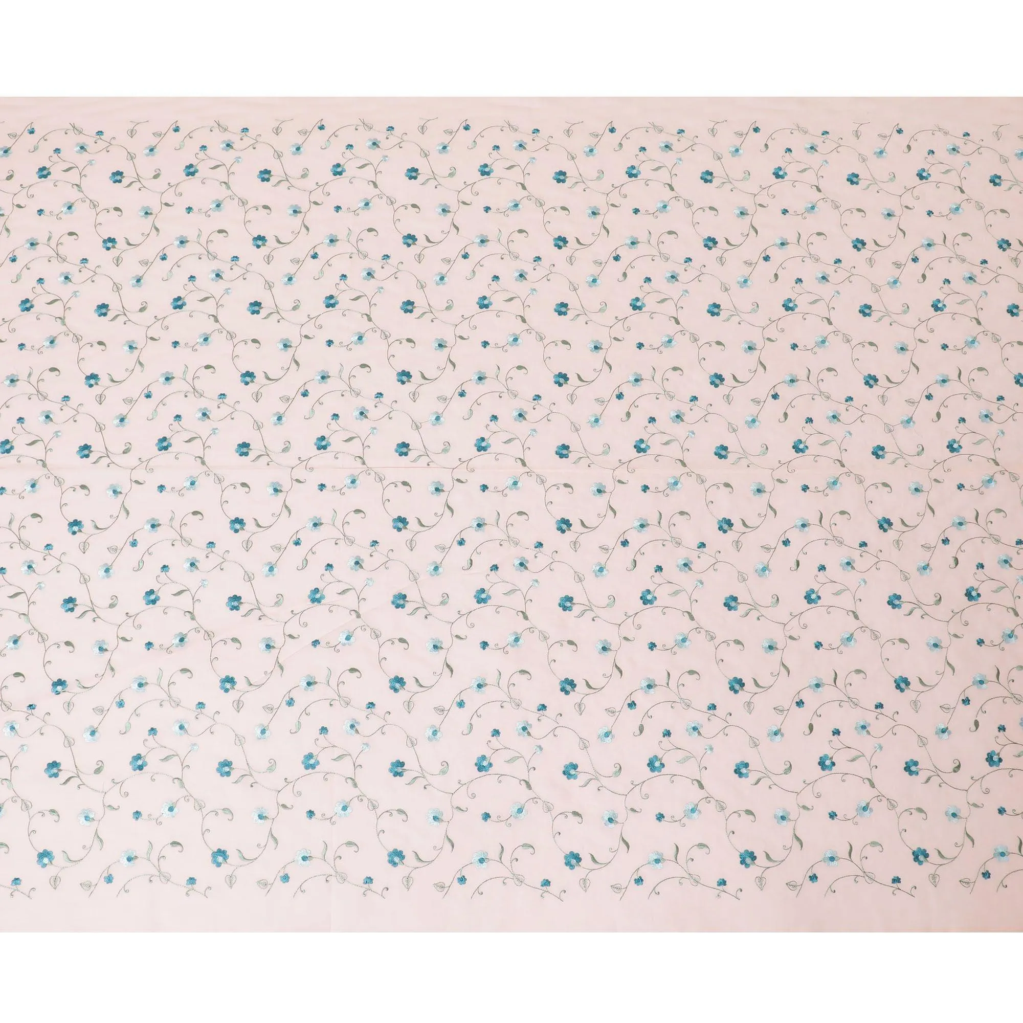 Peach cotton voile fabric with sapphire blue, olive green and powder blue embroidery in floral design-D11083