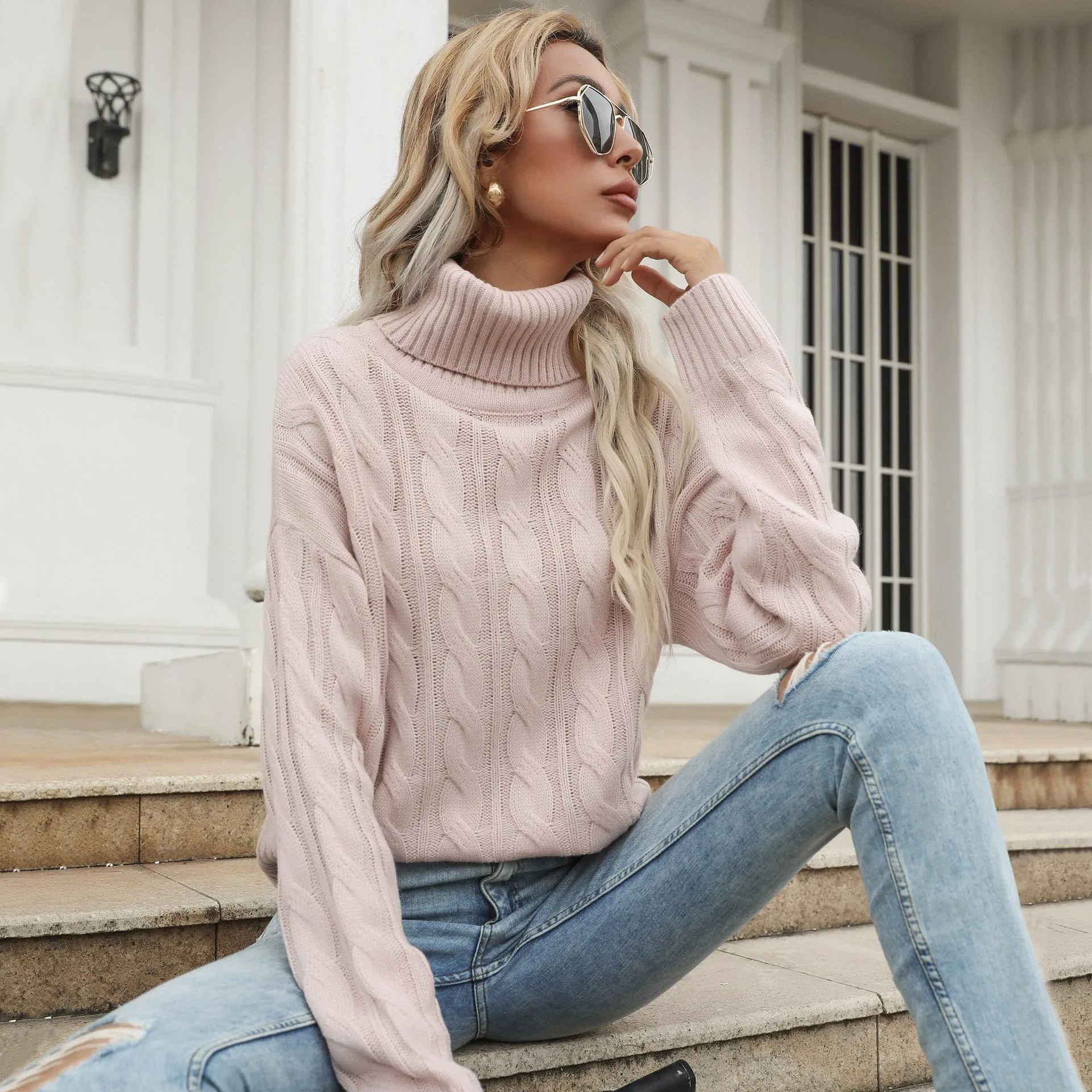 PEOPLETERRITORY 2025 women's clothing popular autumn and winter new turtleneck twist sweater knitted sweater thickened thermal pullover top