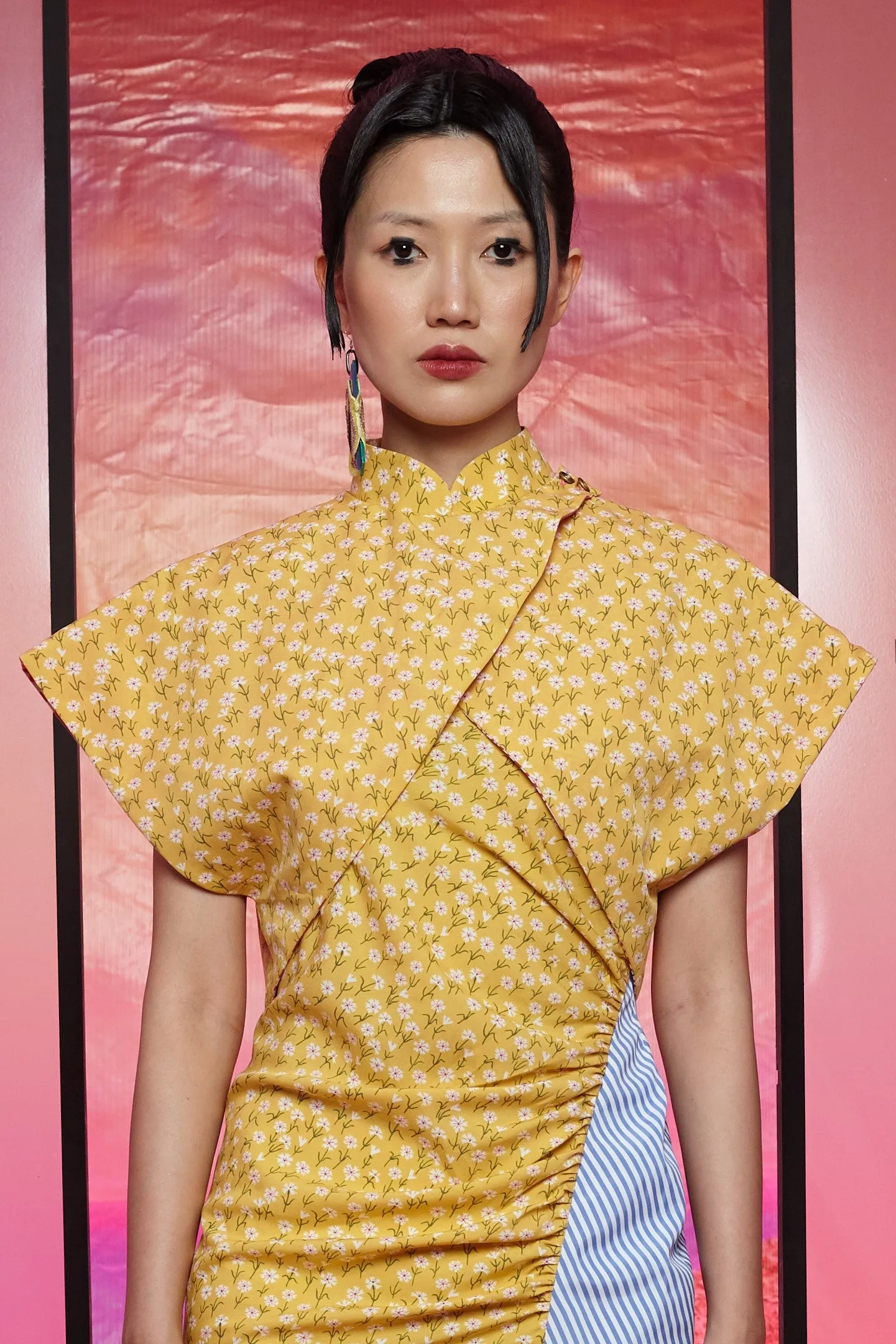 PINK GEO AND PINK MOTIVE BATIK WITH REVERSIBLE YELLOW FLORAL COTTON VOILE - REVERSIBLE BOLERO JACKET - MULTI