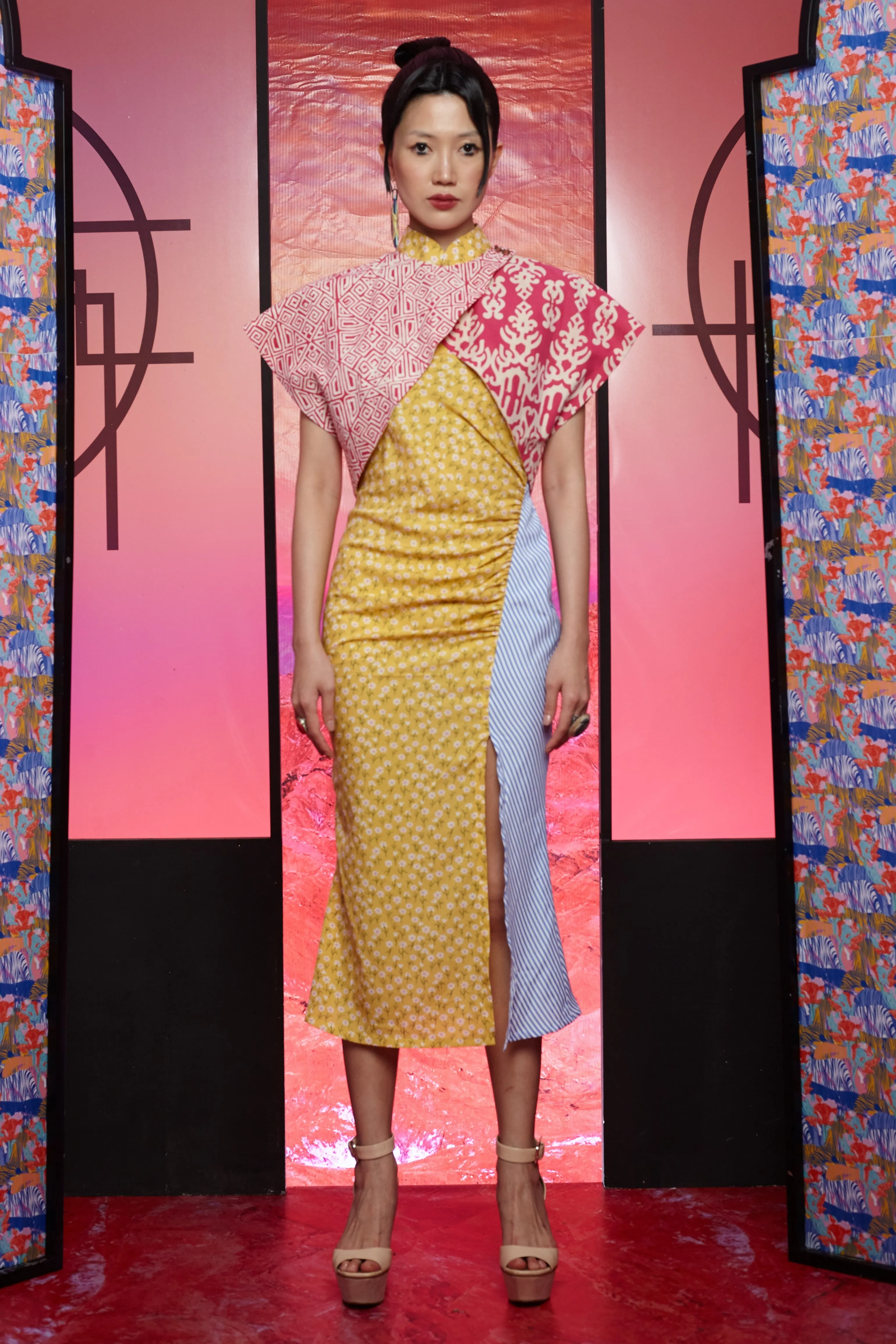 PINK GEO AND PINK MOTIVE BATIK WITH REVERSIBLE YELLOW FLORAL COTTON VOILE - REVERSIBLE BOLERO JACKET - MULTI