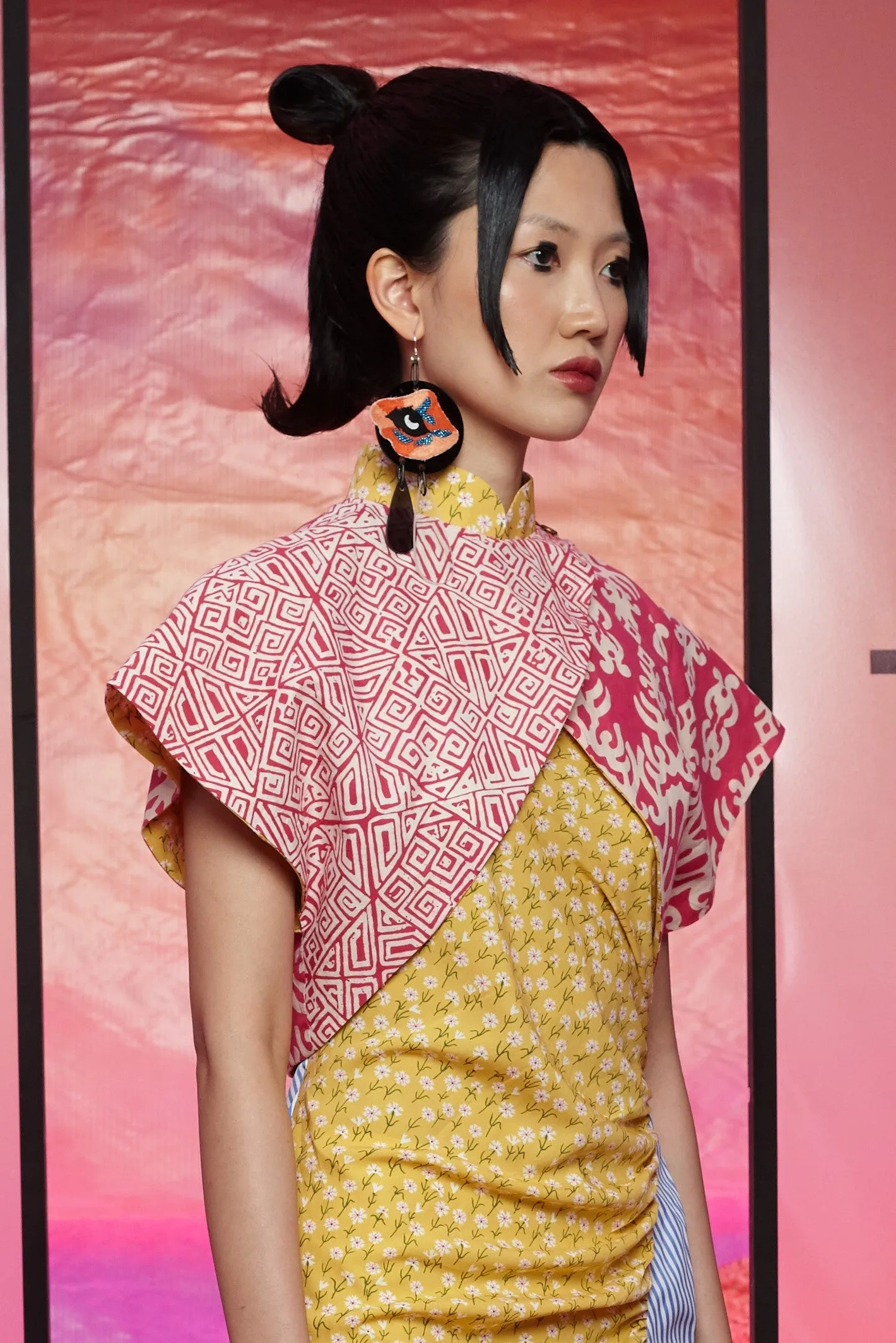 PINK GEO AND PINK MOTIVE BATIK WITH REVERSIBLE YELLOW FLORAL COTTON VOILE - REVERSIBLE BOLERO JACKET - MULTI