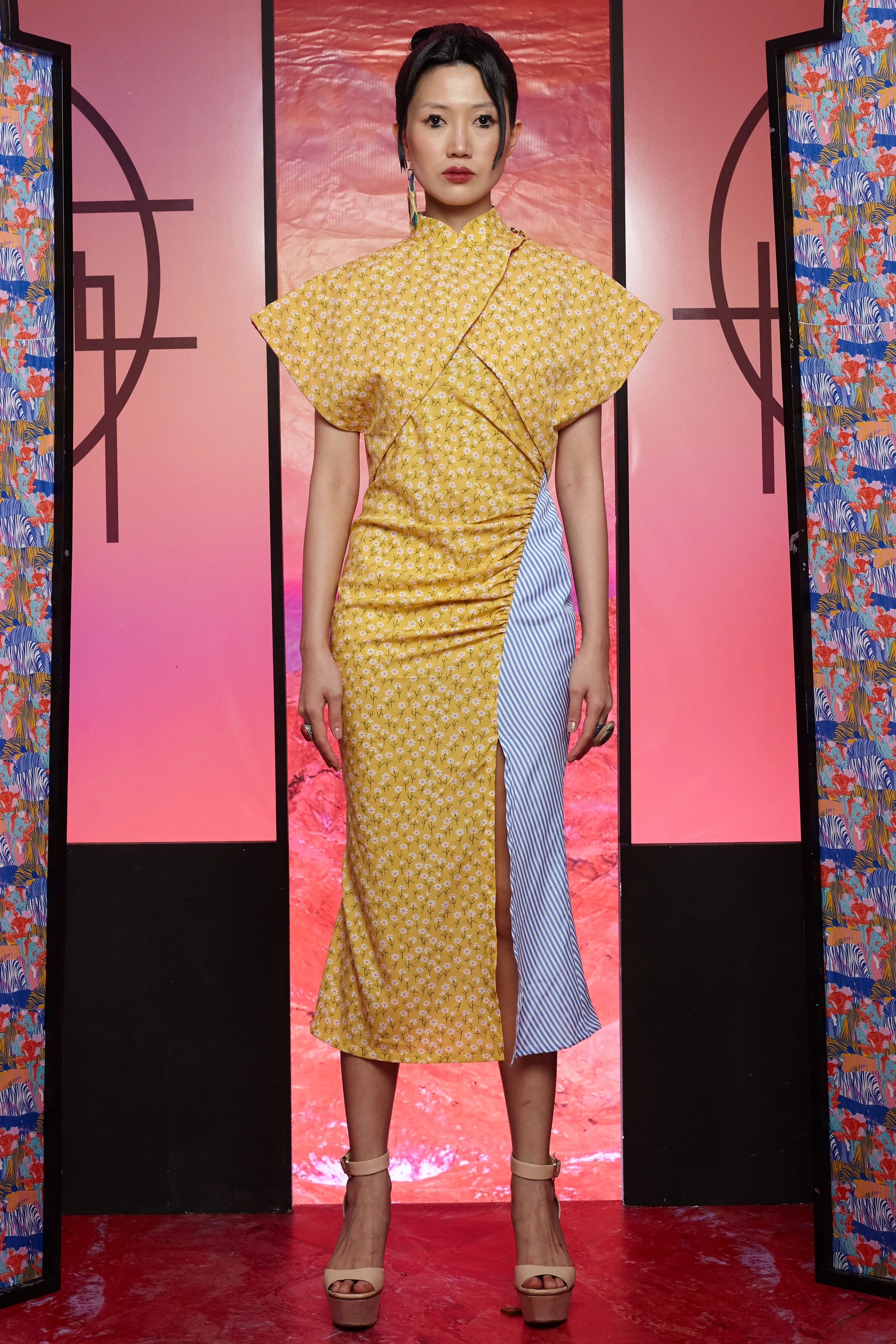 PINK GEO AND PINK MOTIVE BATIK WITH REVERSIBLE YELLOW FLORAL COTTON VOILE - REVERSIBLE BOLERO JACKET - MULTI