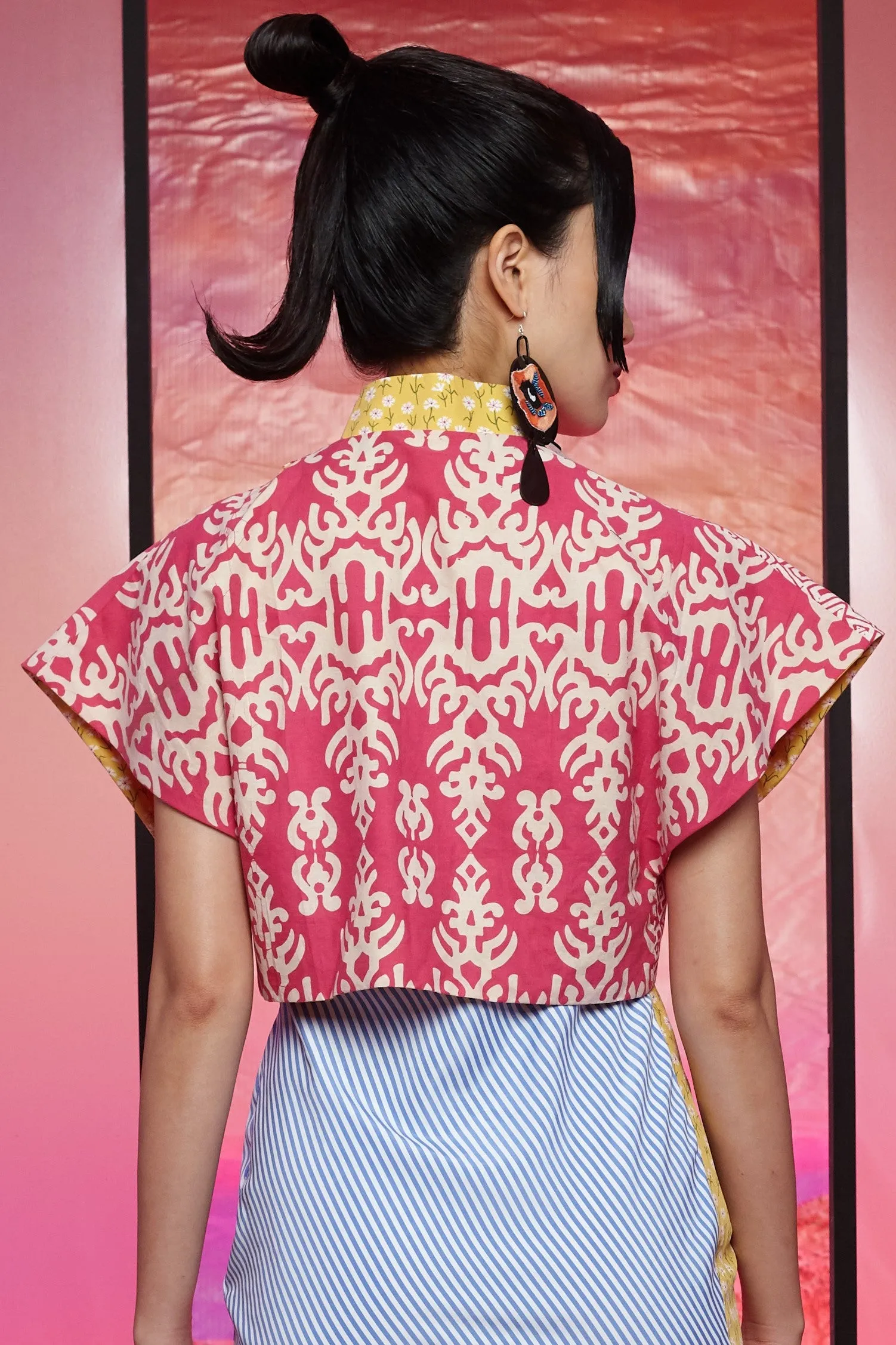 PINK GEO AND PINK MOTIVE BATIK WITH REVERSIBLE YELLOW FLORAL COTTON VOILE - REVERSIBLE BOLERO JACKET - MULTI
