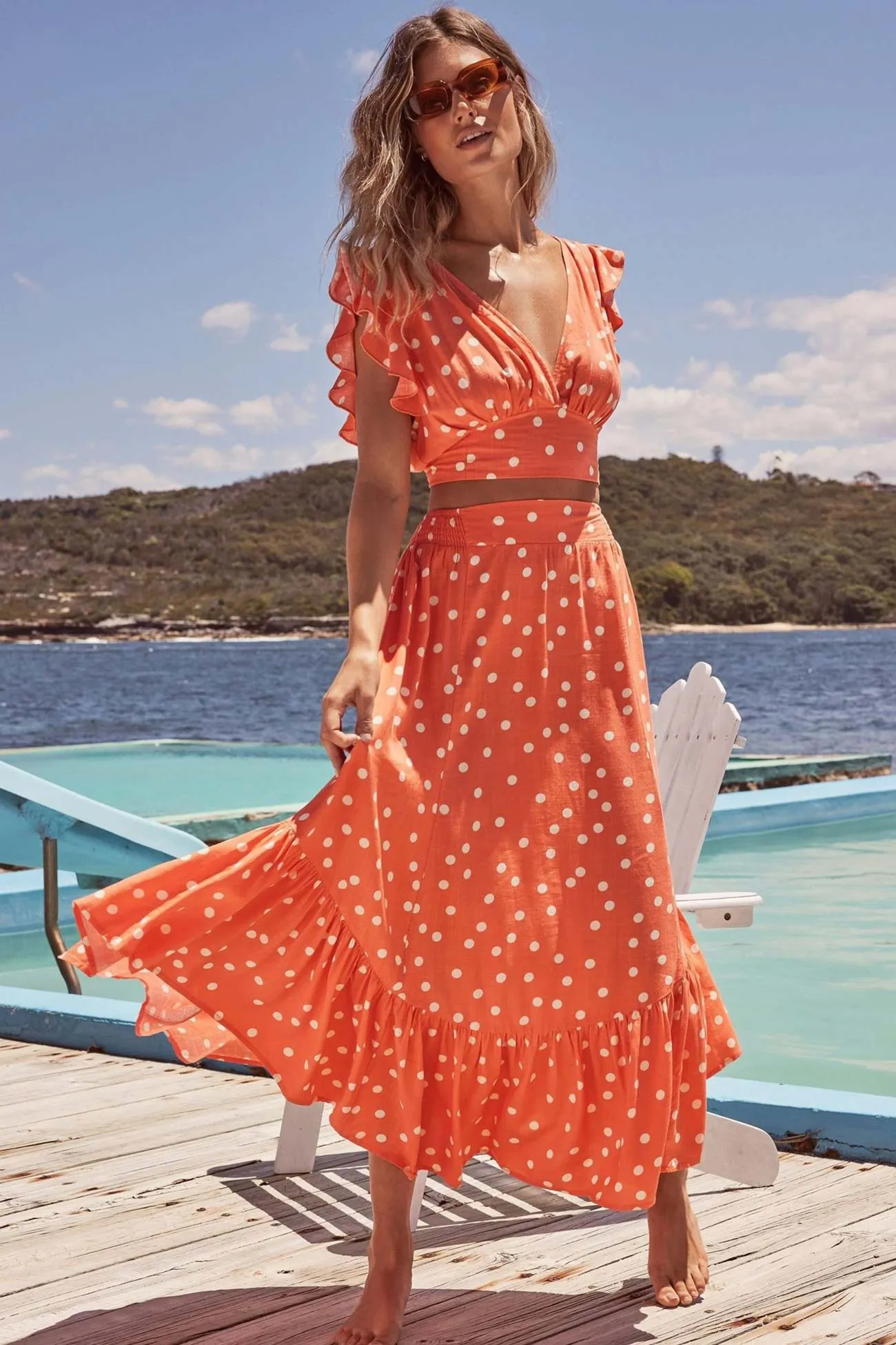 Polka Dot Ruffle Tank Top Midi Skirt Suits