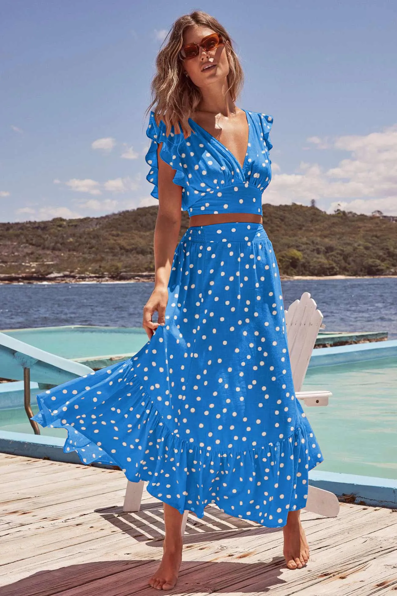Polka Dot Ruffle Tank Top Midi Skirt Suits
