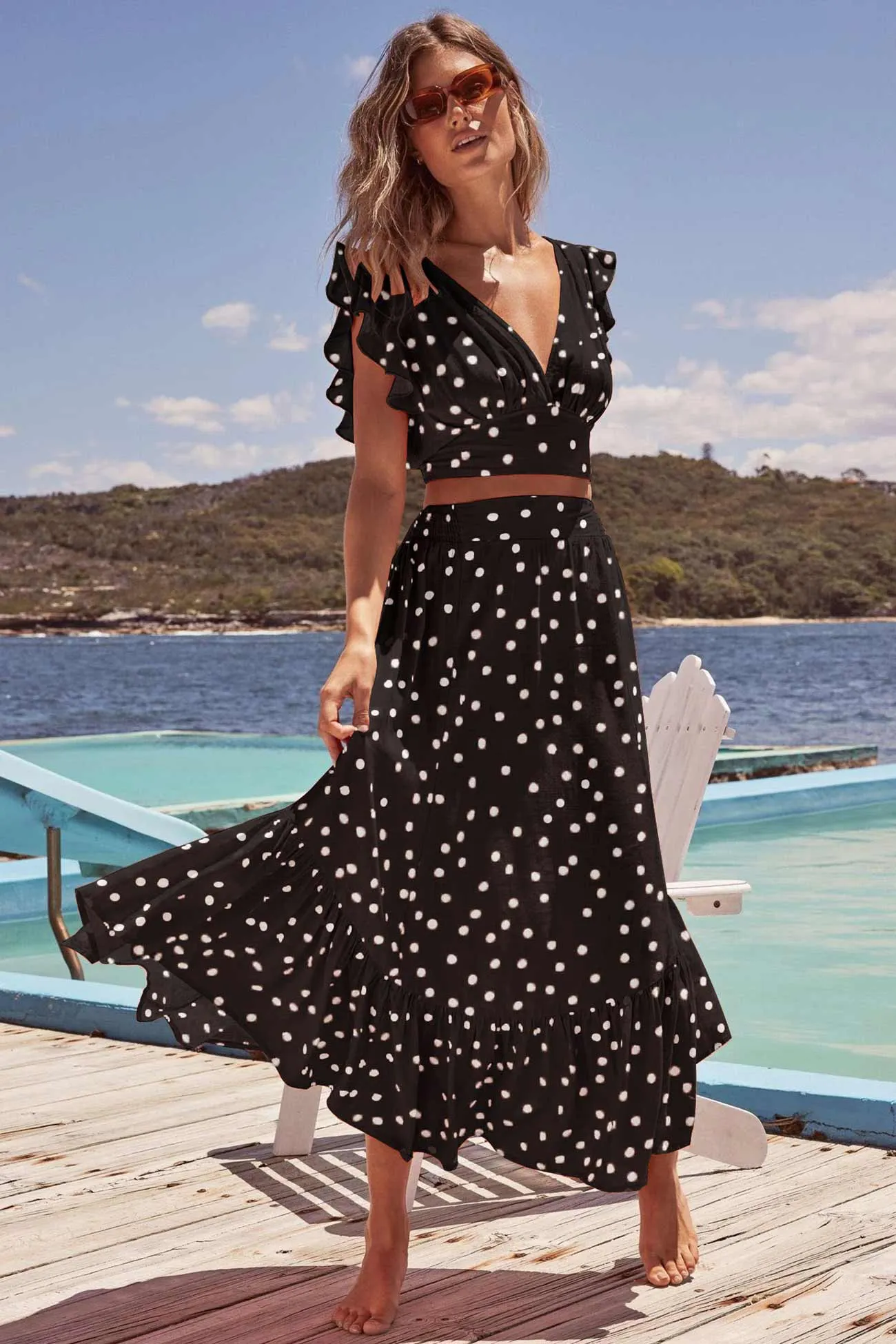 Polka Dot Ruffle Tank Top Midi Skirt Suits
