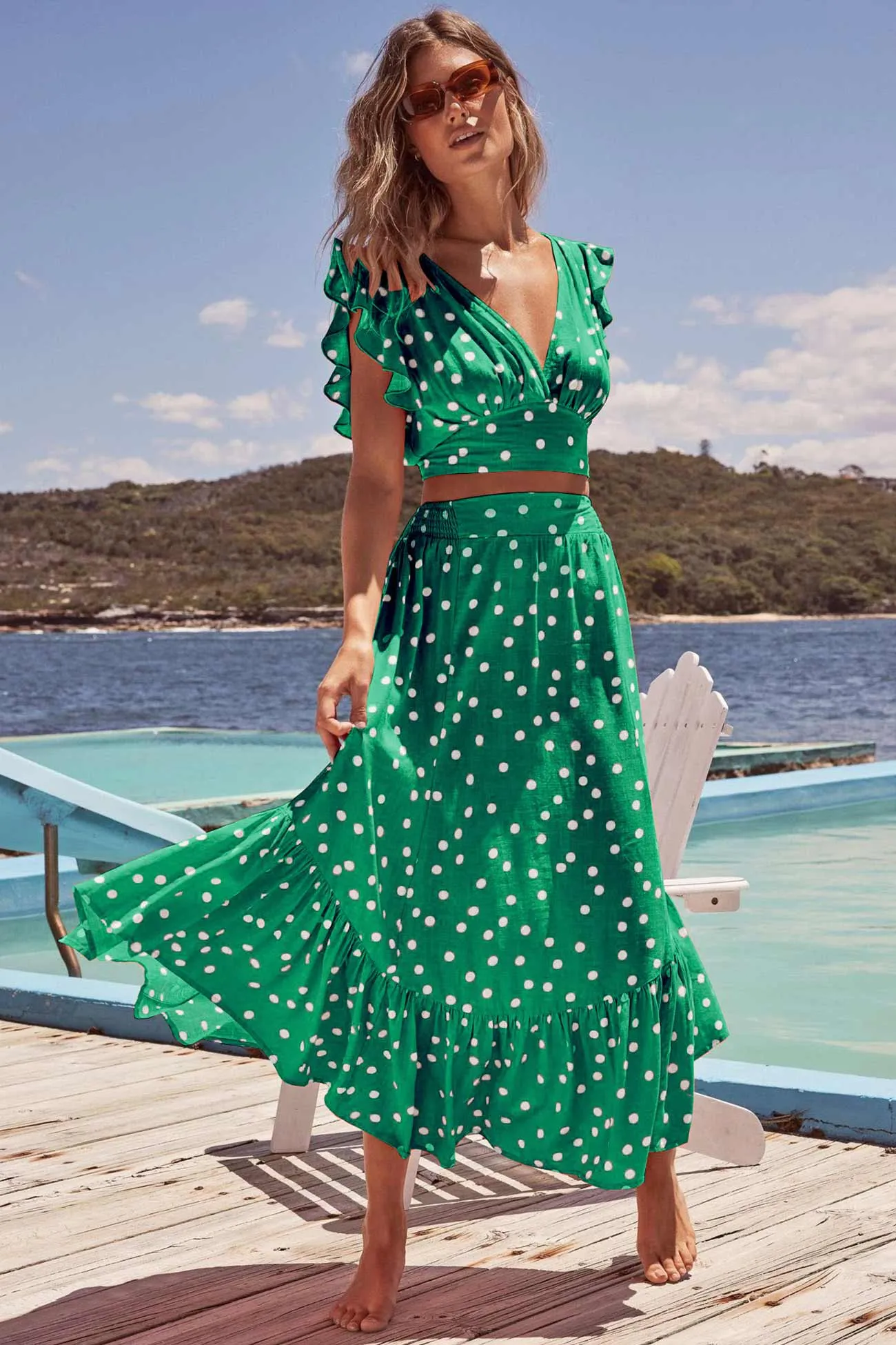 Polka Dot Ruffle Tank Top Midi Skirt Suits