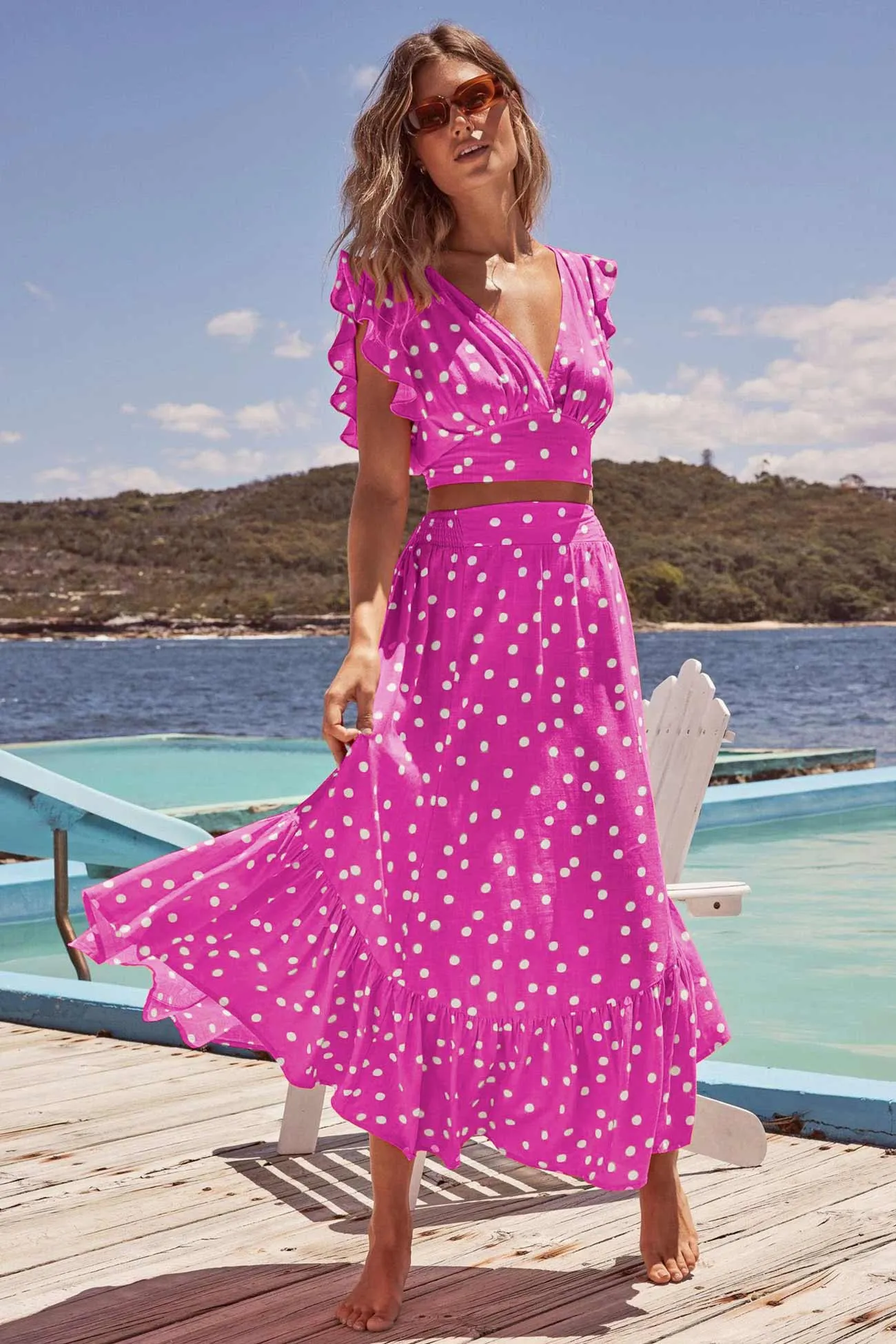 Polka Dot Ruffle Tank Top Midi Skirt Suits