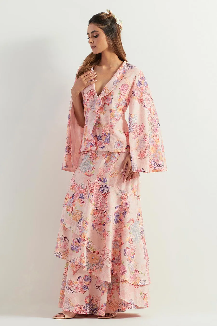 Printed Chanderi Silk Jacket & Skirt Co-Ord Set