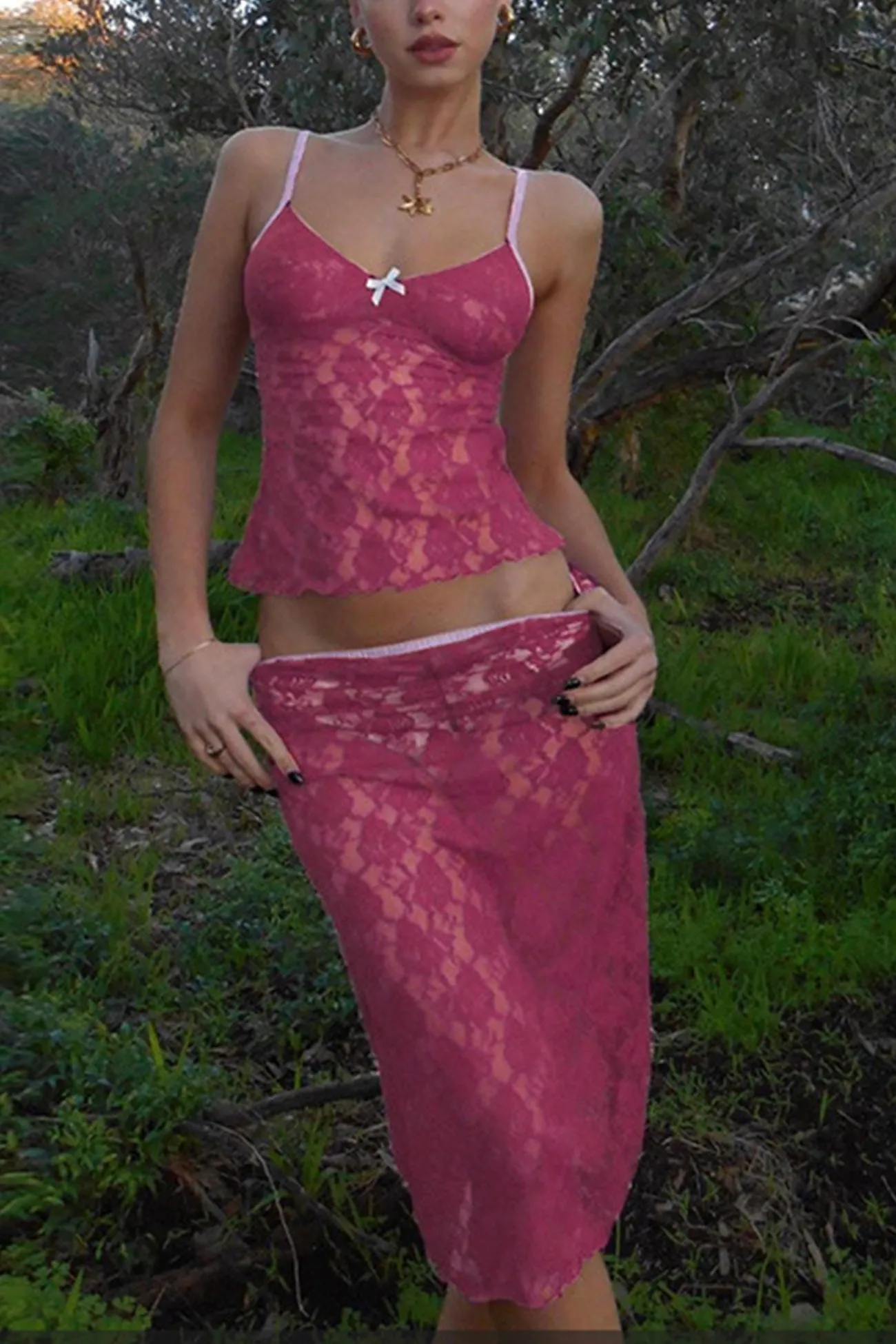 Rose Lace Cami Skirt Suits