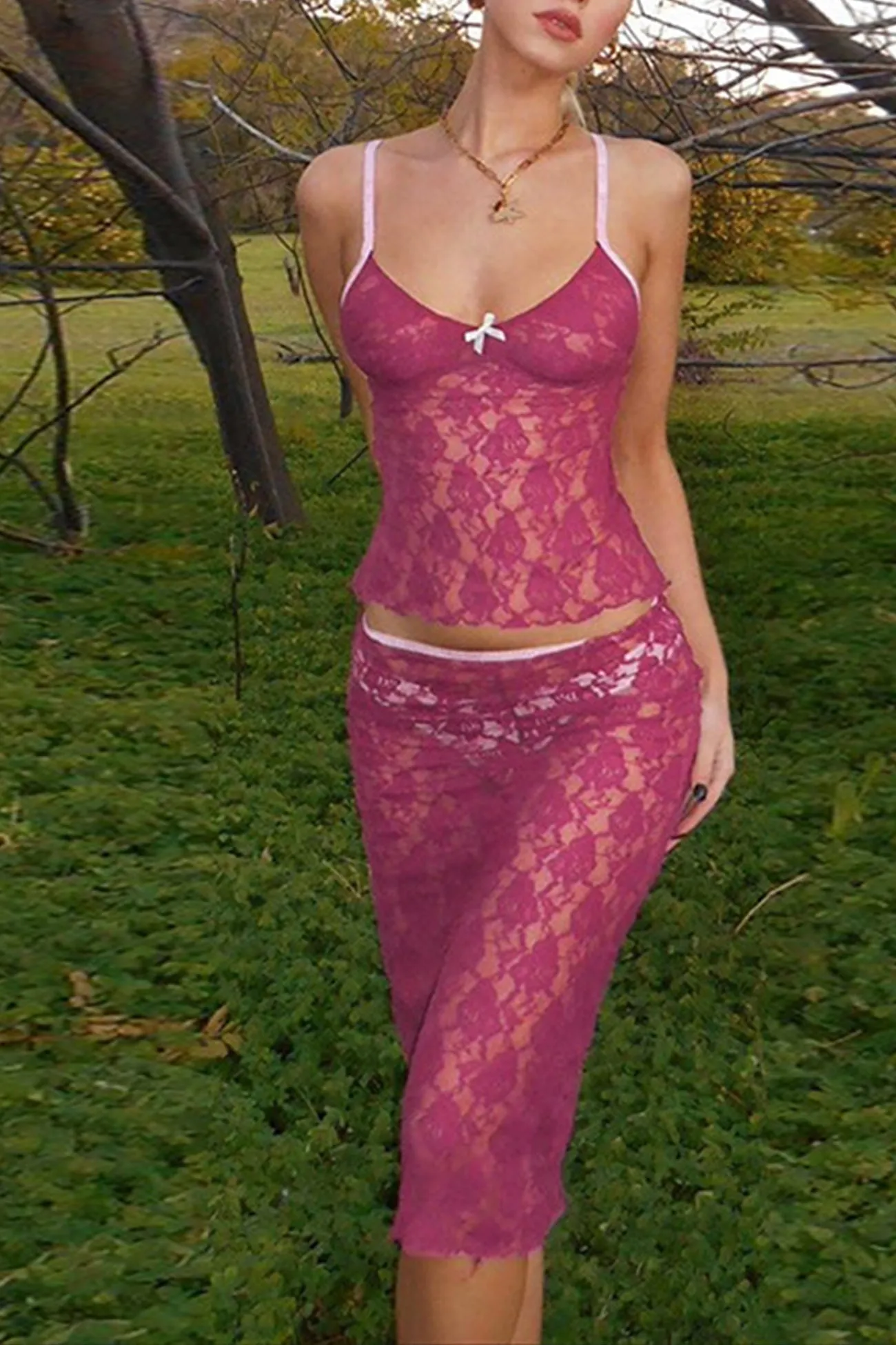 Rose Lace Cami Skirt Suits