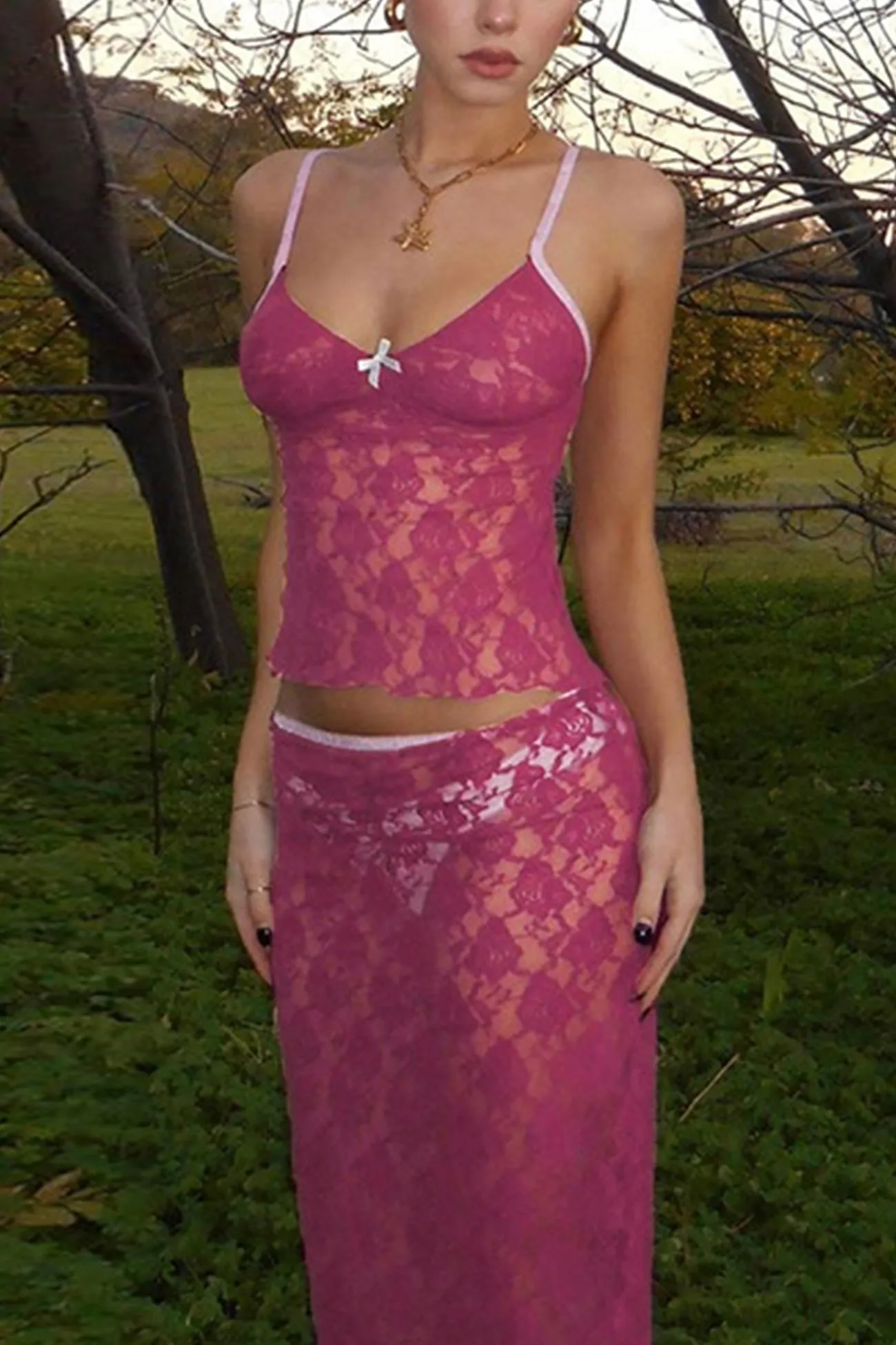 Rose Lace Cami Skirt Suits
