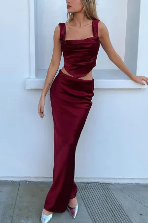 Satin Ruched Tie-back Tank Top Skirt Suits