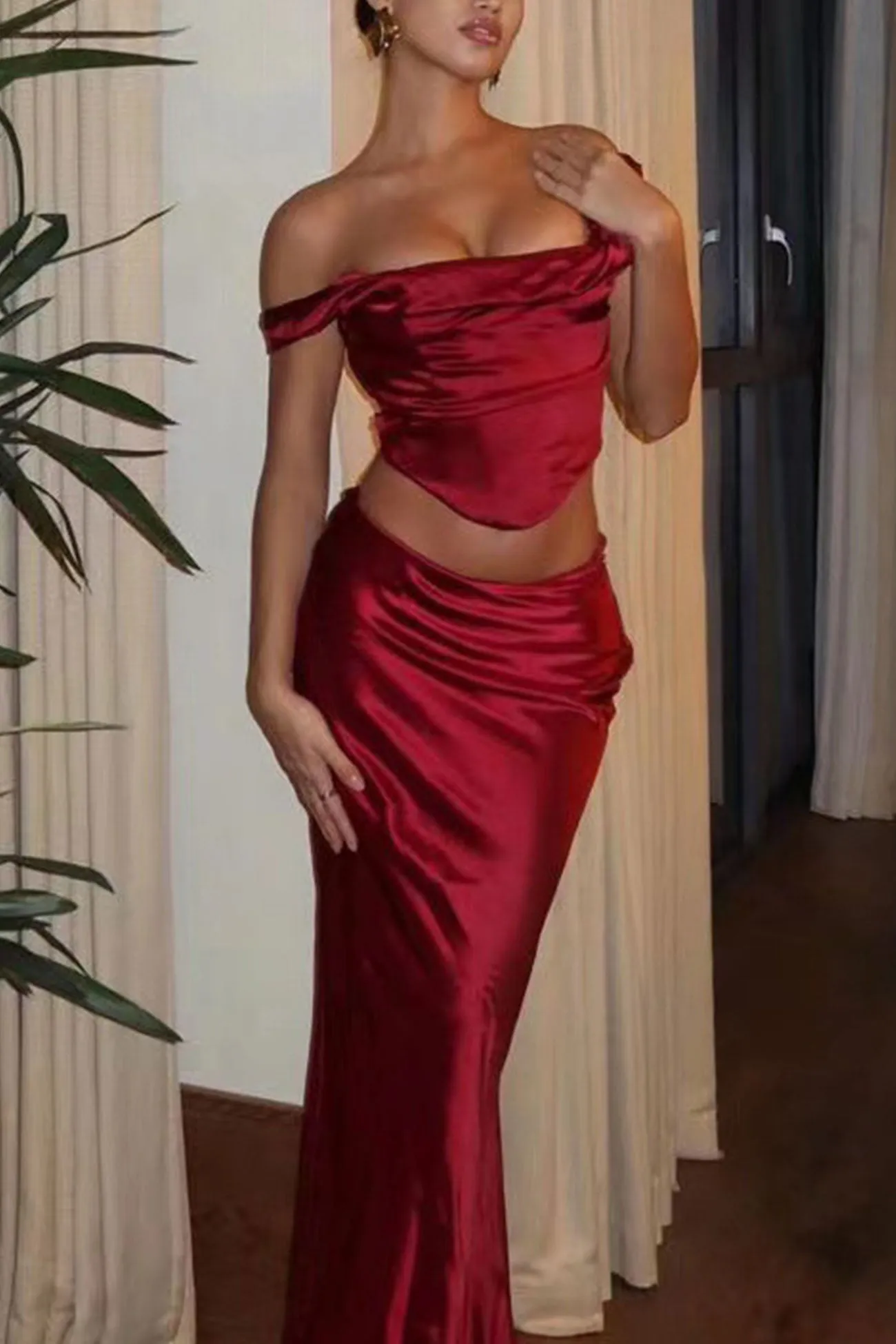 Satin Ruched Tie-back Tank Top Skirt Suits