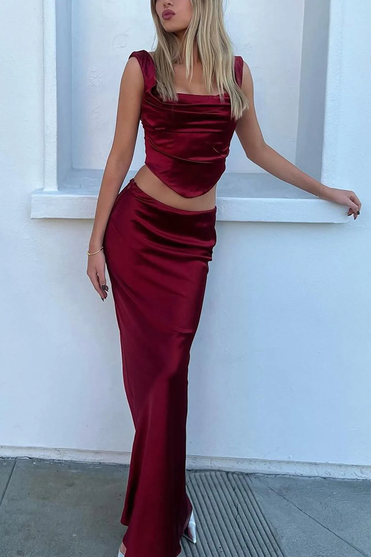 Satin Ruched Tie-back Tank Top Skirt Suits