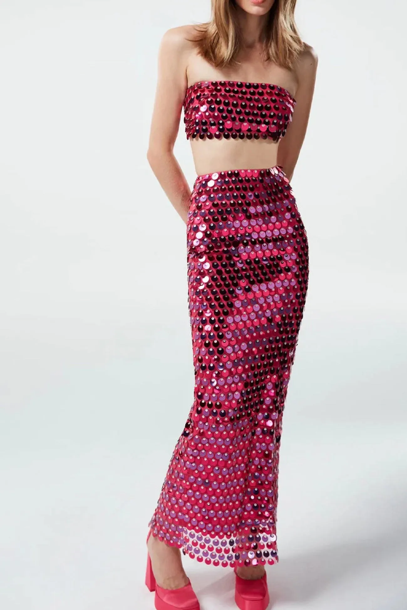 Sequins Strapless Crop Top Back Slit Midi Skirt Suits
