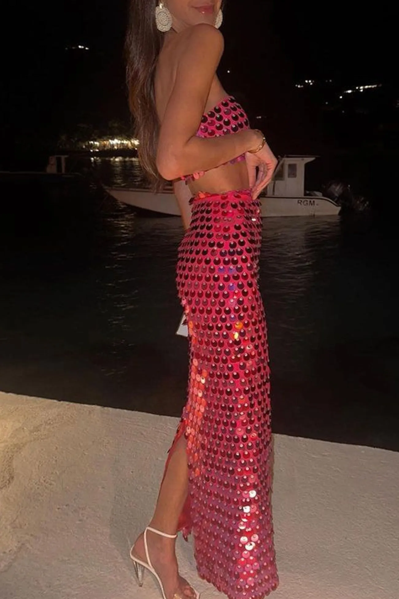 Sequins Strapless Crop Top Back Slit Midi Skirt Suits