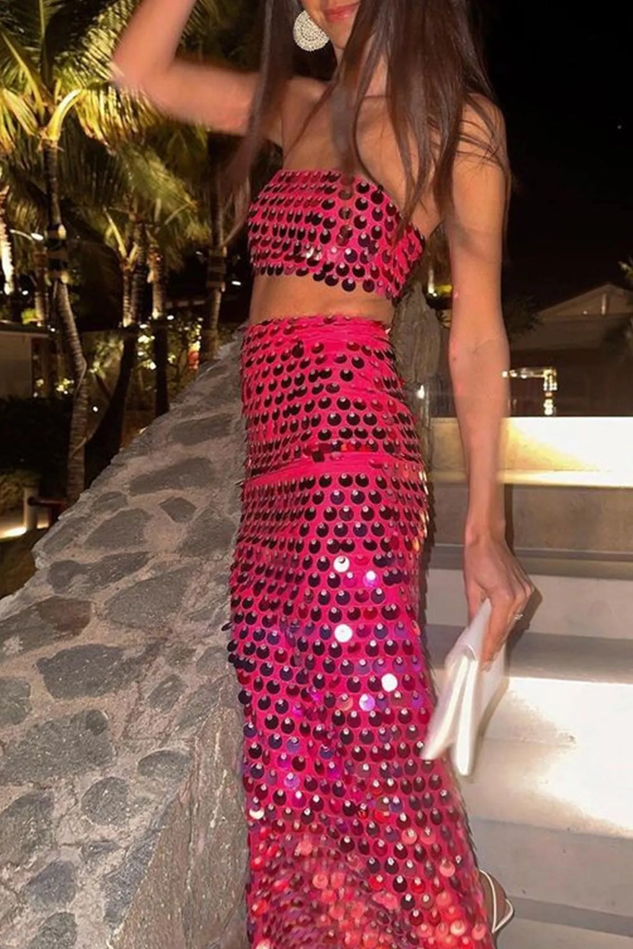 Sequins Strapless Crop Top Back Slit Midi Skirt Suits