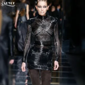 Sexy Black PU Leather Patchwork Turtleneck Dress