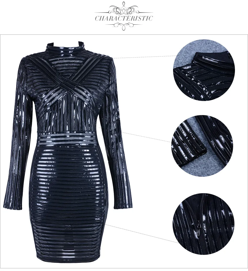 Sexy Black PU Leather Patchwork Turtleneck Dress