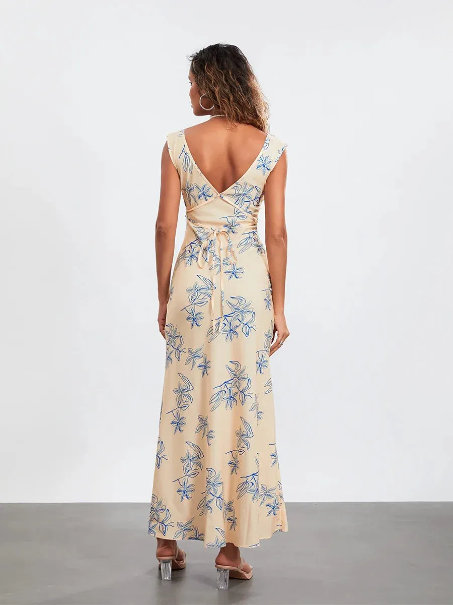 Sexy Flare Long Sleeve Boat Neck Printed Beach Long Y2k Lounge Casual Women Dress