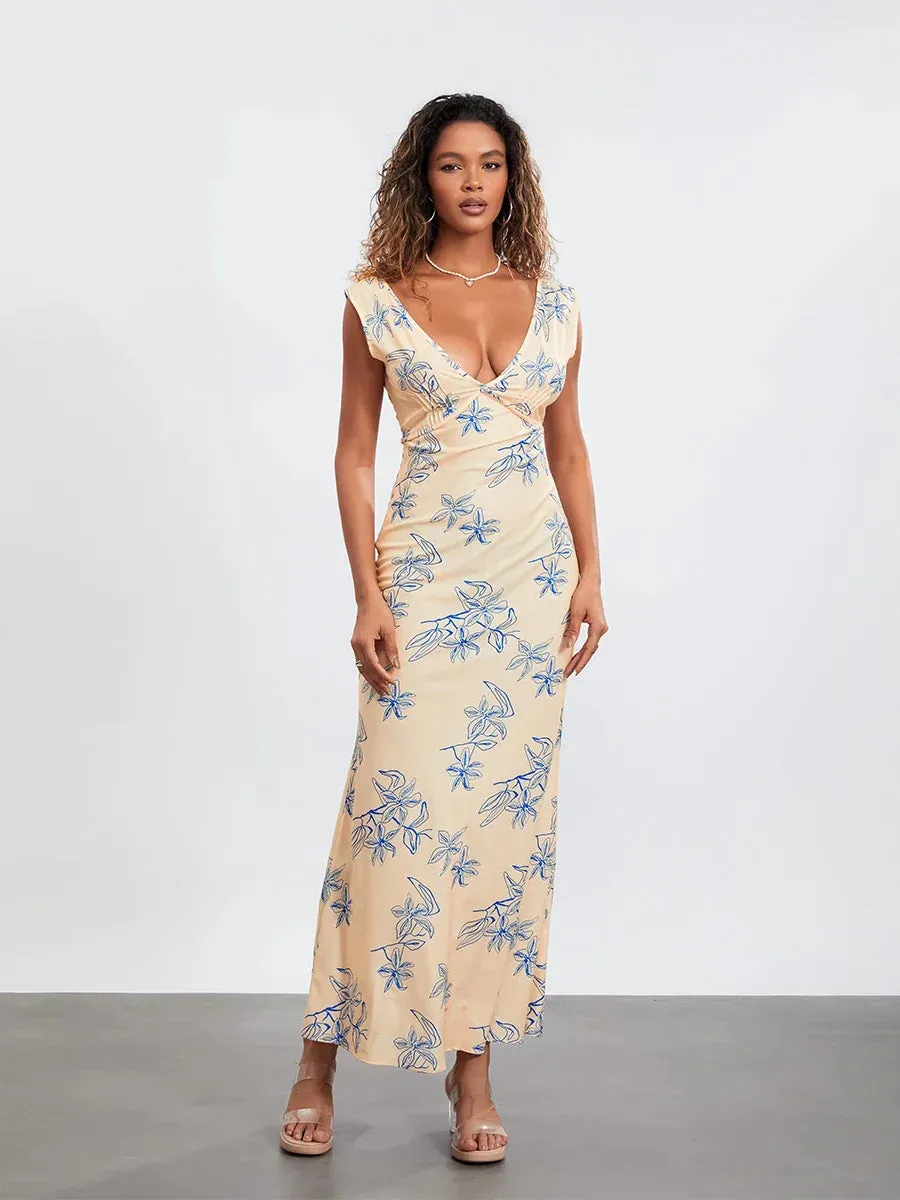Sexy Flare Long Sleeve Boat Neck Printed Beach Long Y2k Lounge Casual Women Dress
