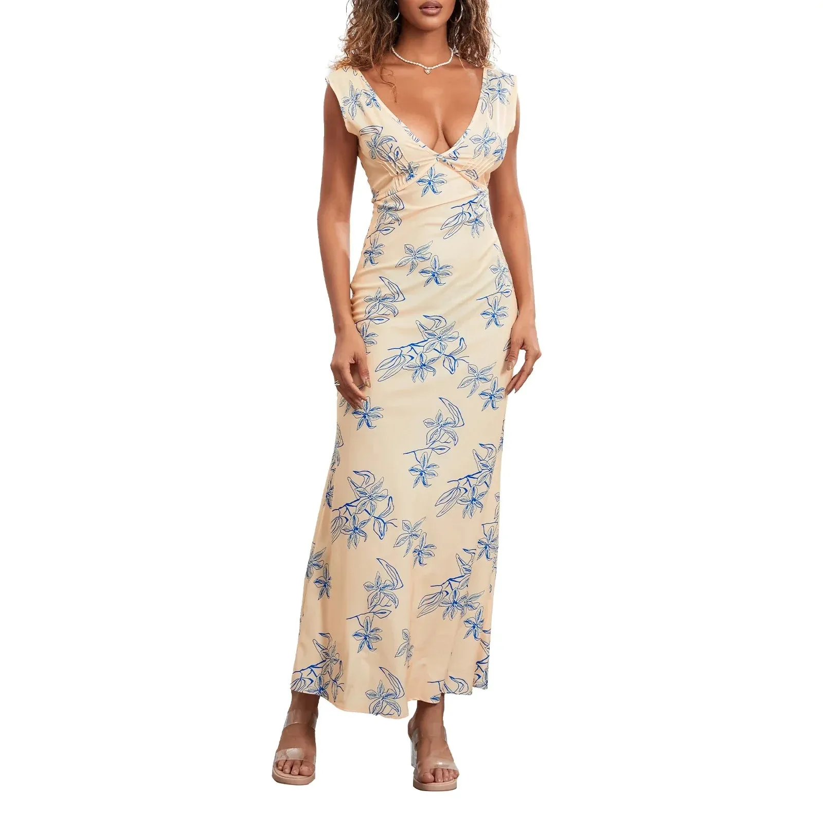 Sexy Flare Long Sleeve Boat Neck Printed Beach Long Y2k Lounge Casual Women Dress