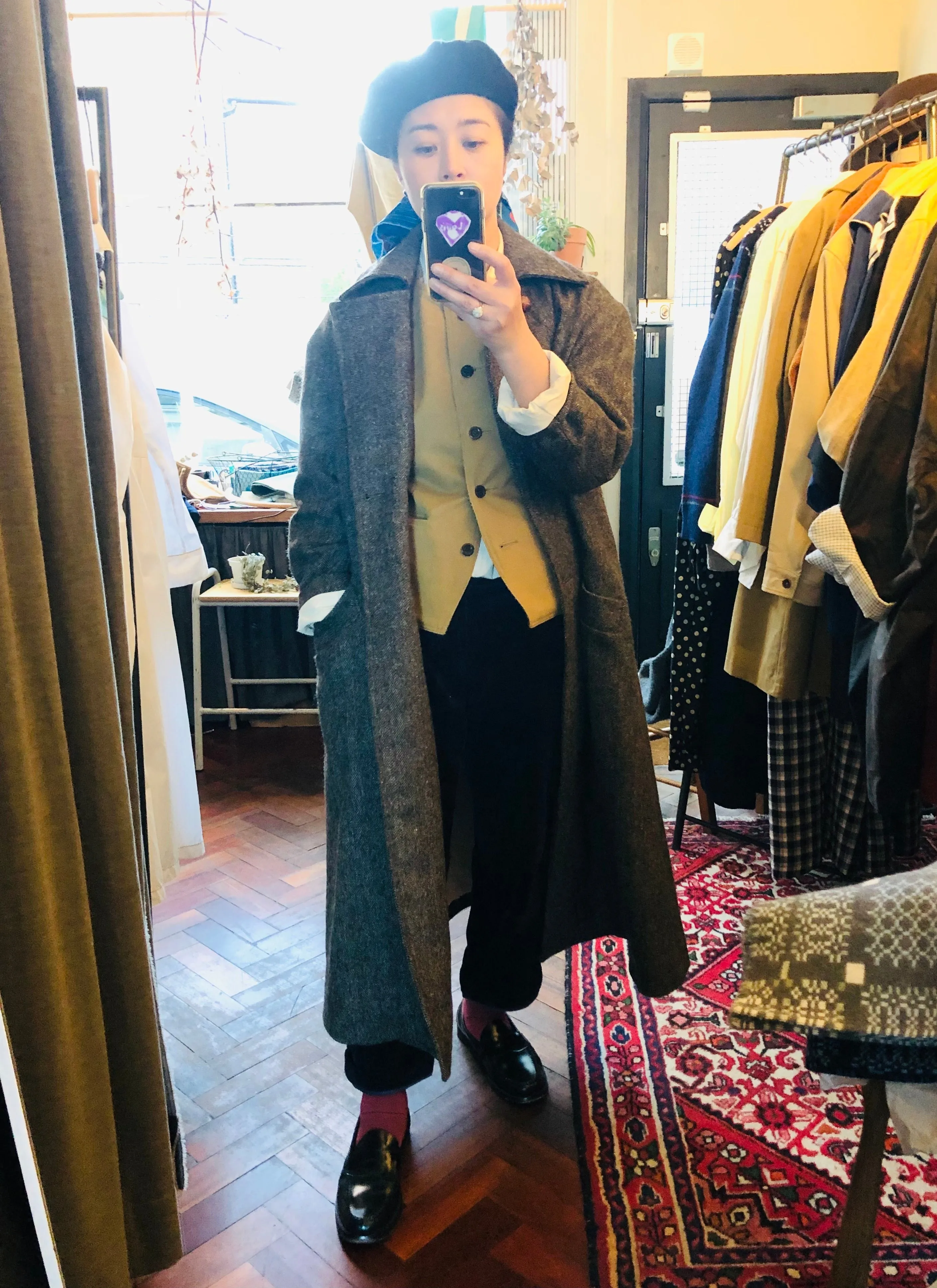Shetland Wool Long Pea-Coat / Brown Herringbone
