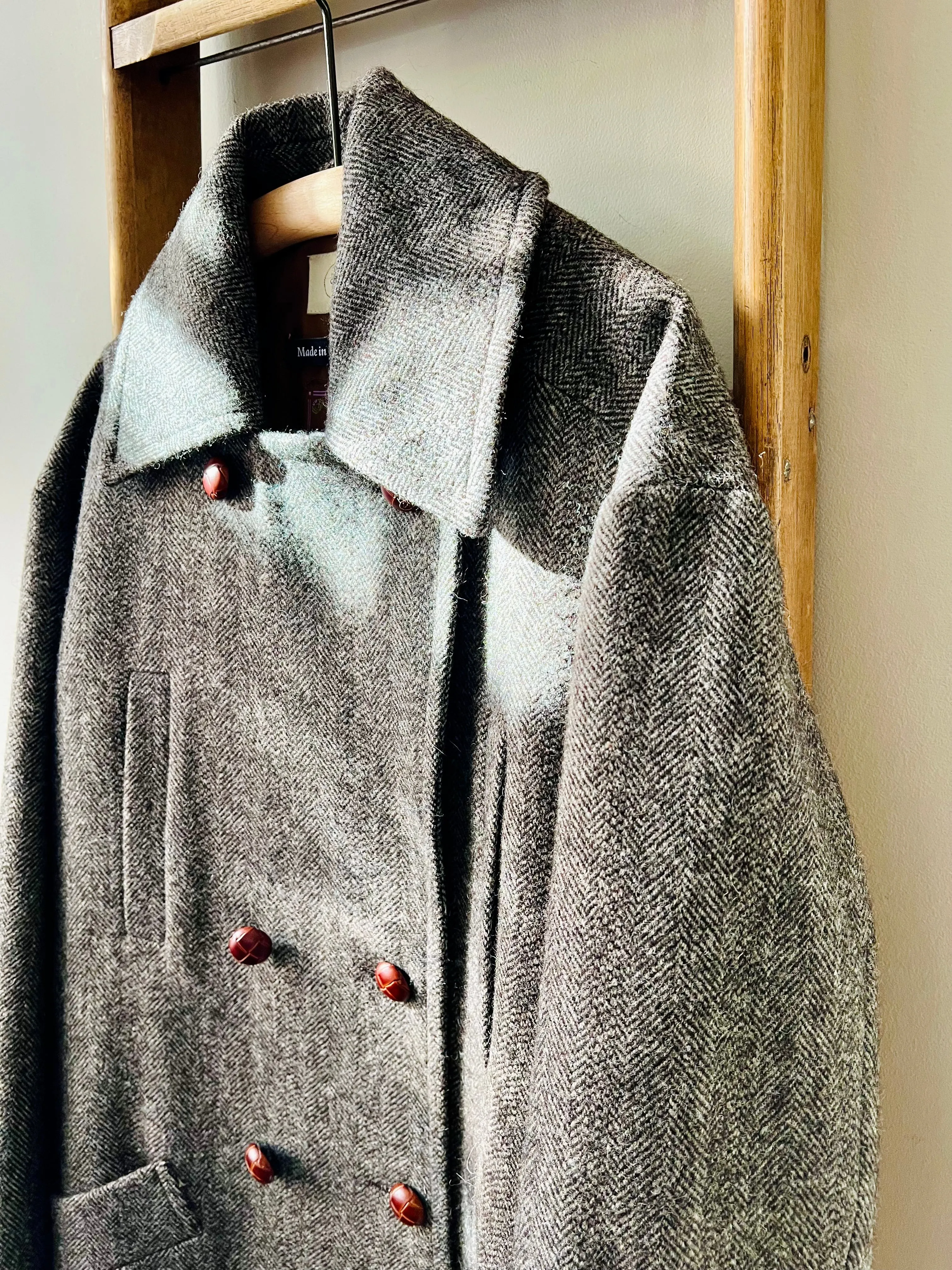 Shetland Wool Long Pea-Coat / Brown Herringbone