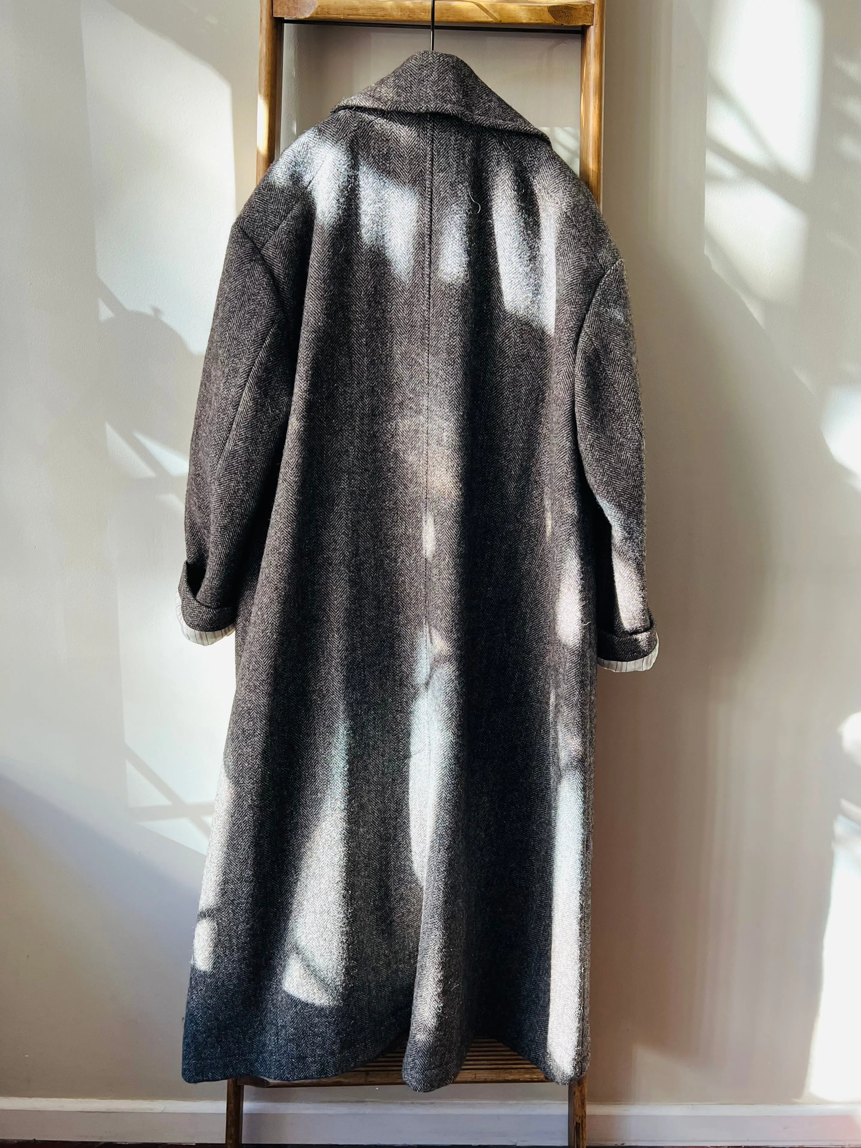 Shetland Wool Long Pea-Coat / Brown Herringbone