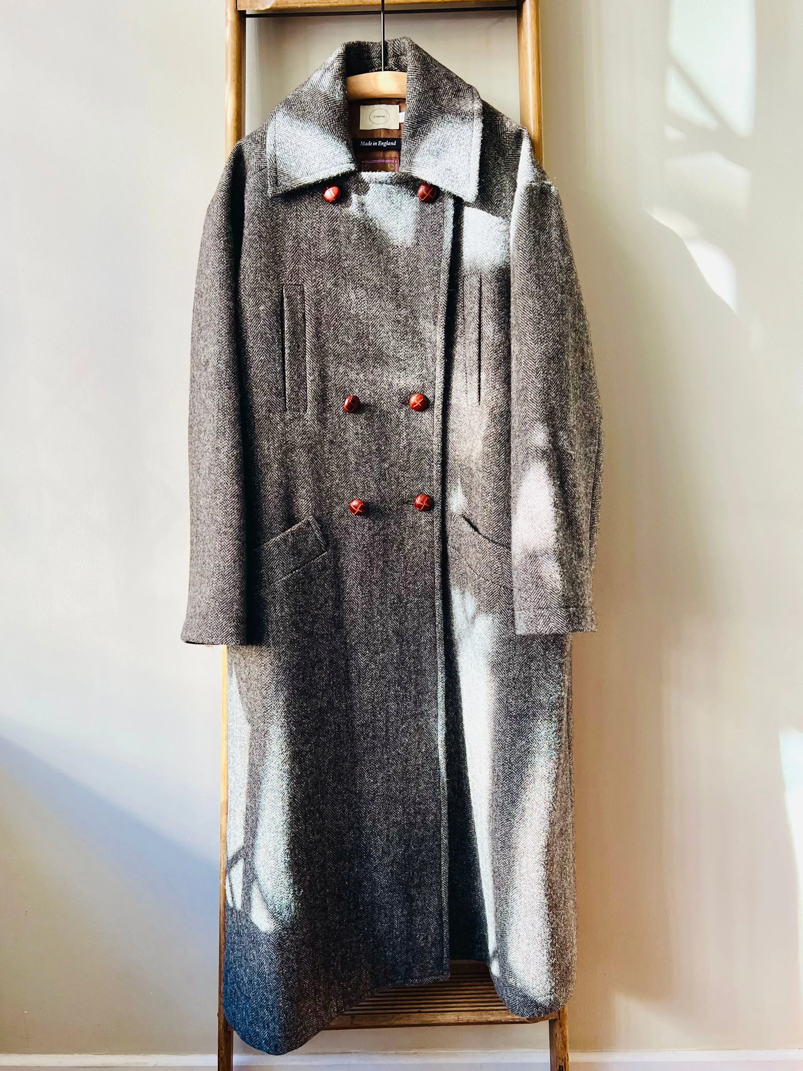 Shetland Wool Long Pea-Coat / Brown Herringbone