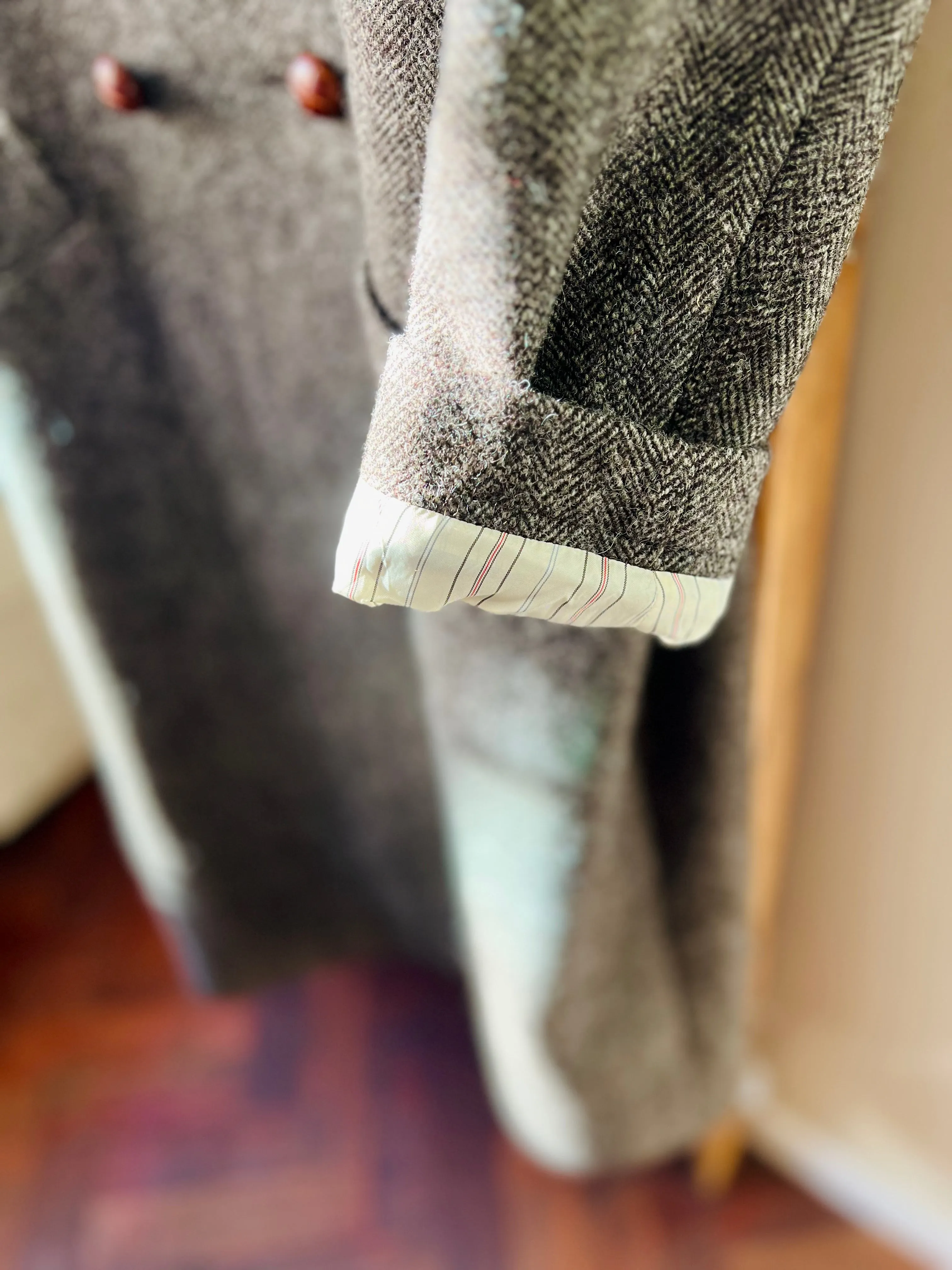 Shetland Wool Long Pea-Coat / Brown Herringbone