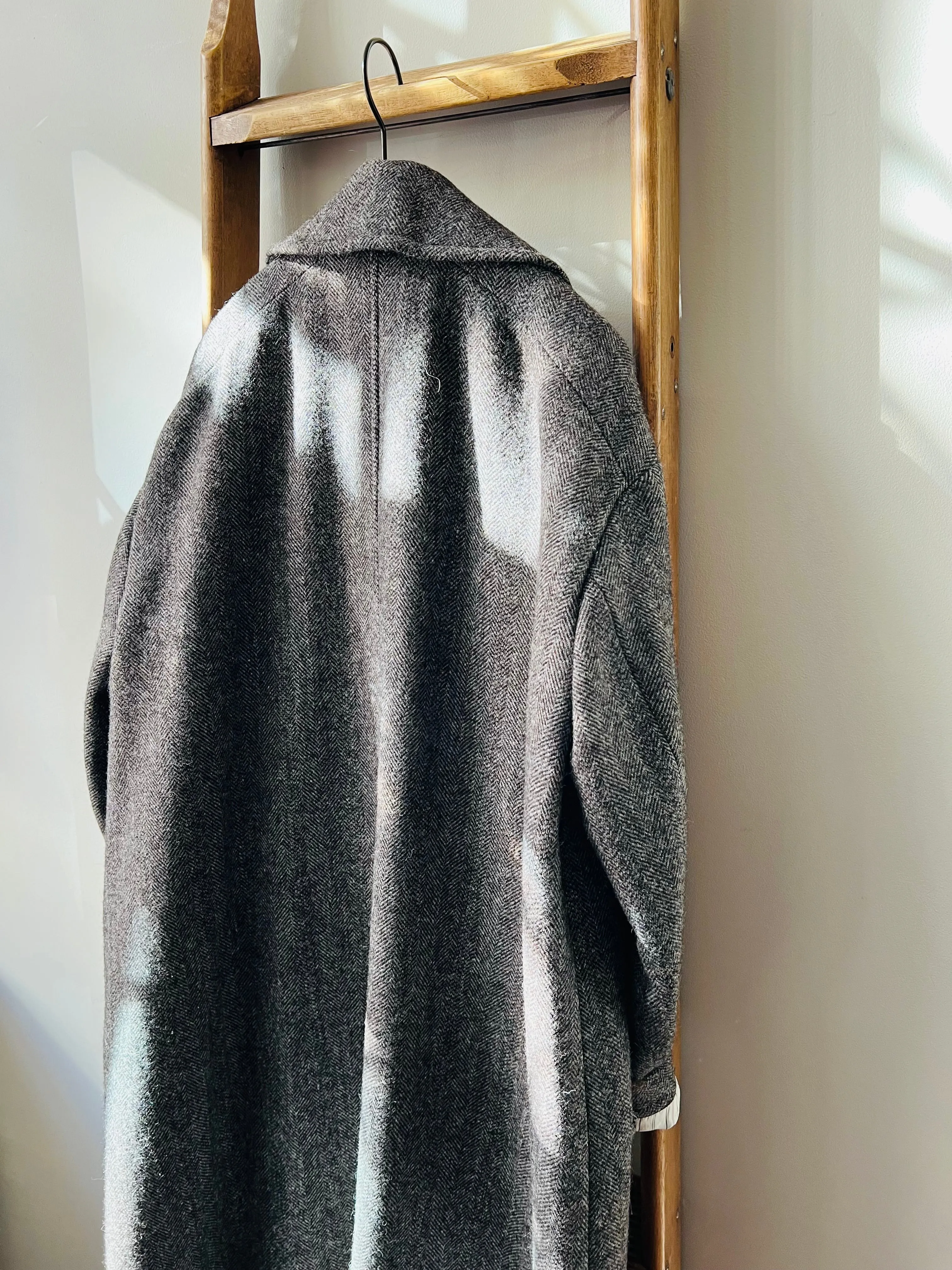 Shetland Wool Long Pea-Coat / Brown Herringbone