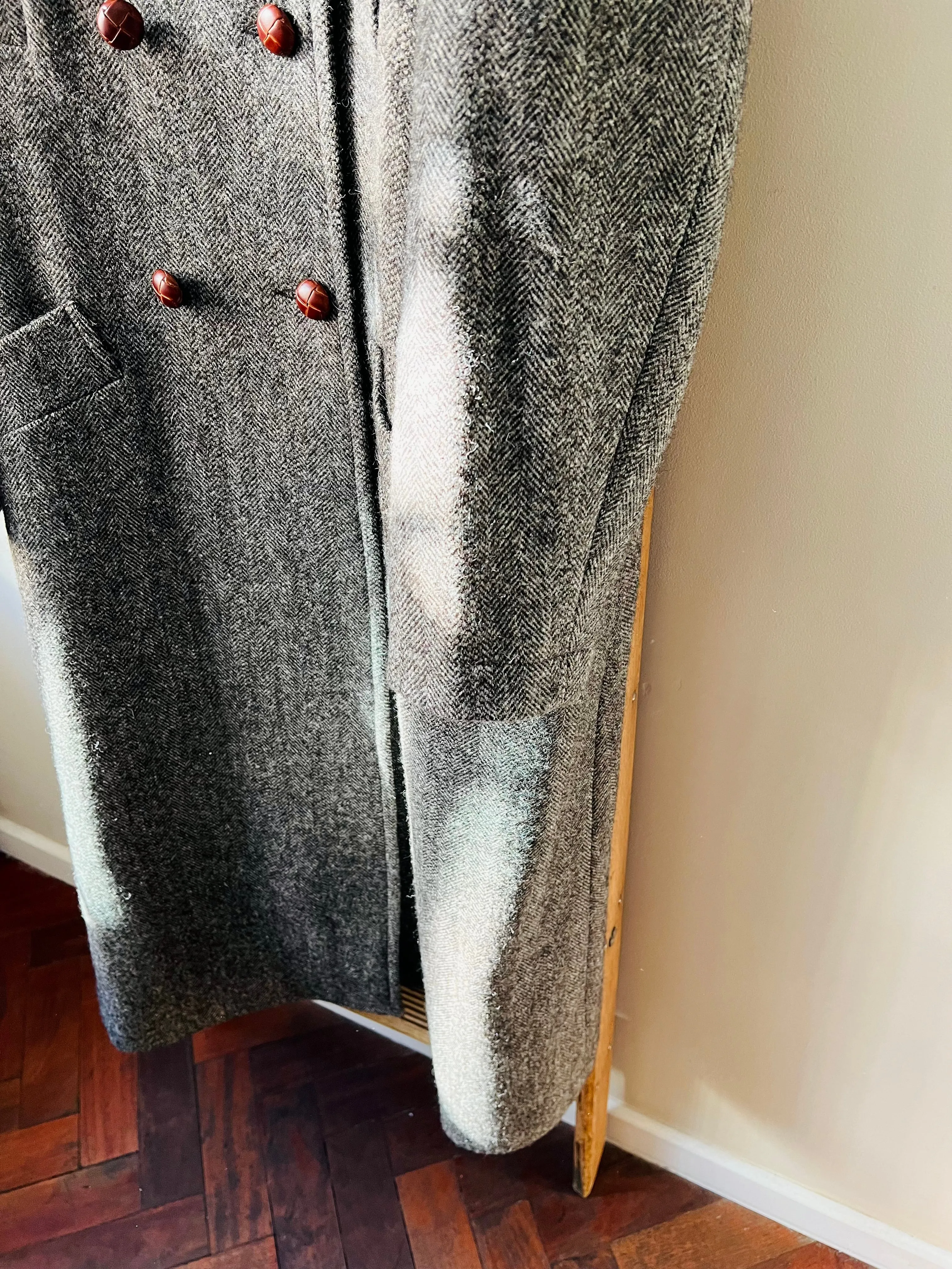 Shetland Wool Long Pea-Coat / Brown Herringbone