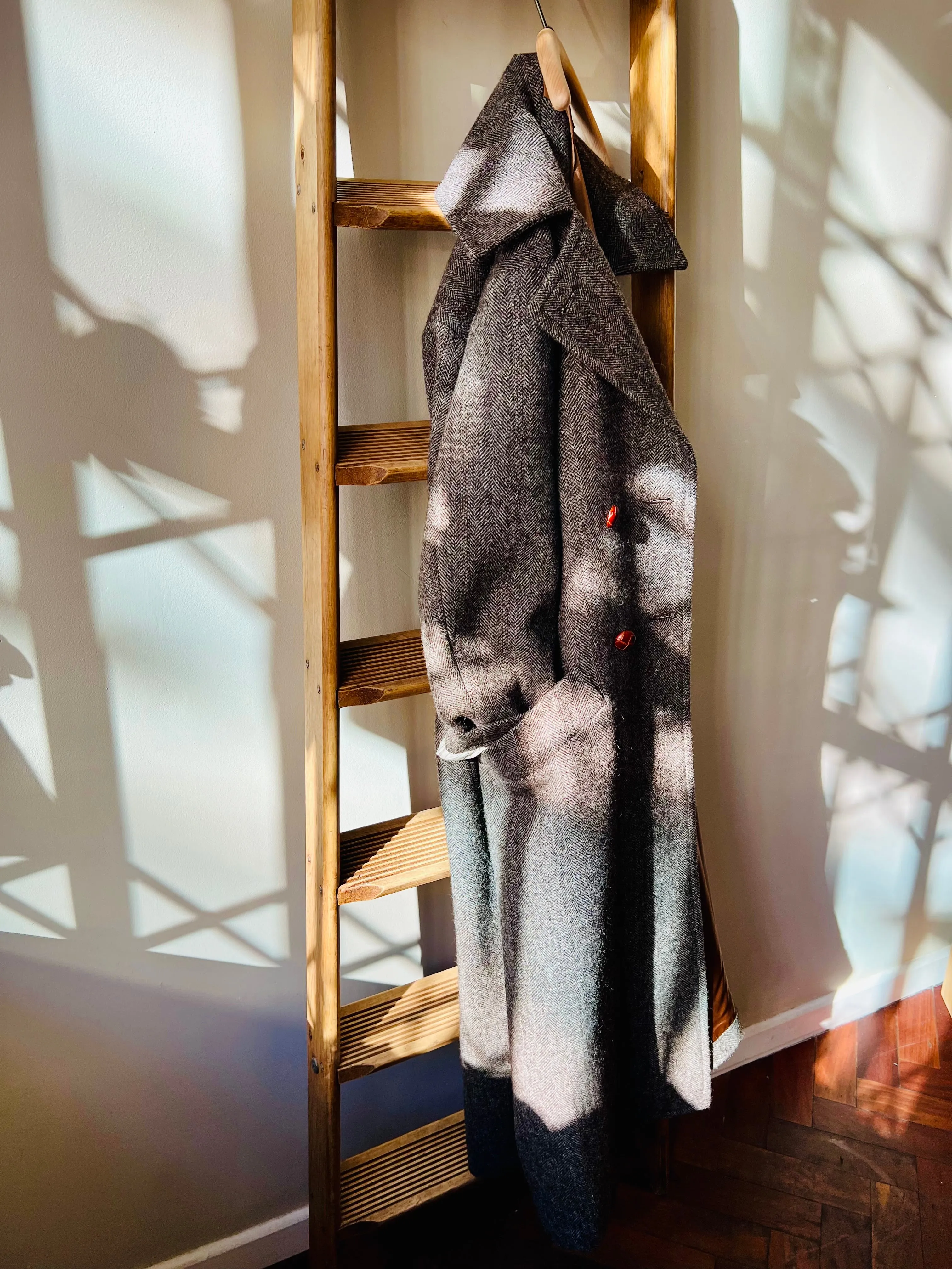 Shetland Wool Long Pea-Coat / Brown Herringbone