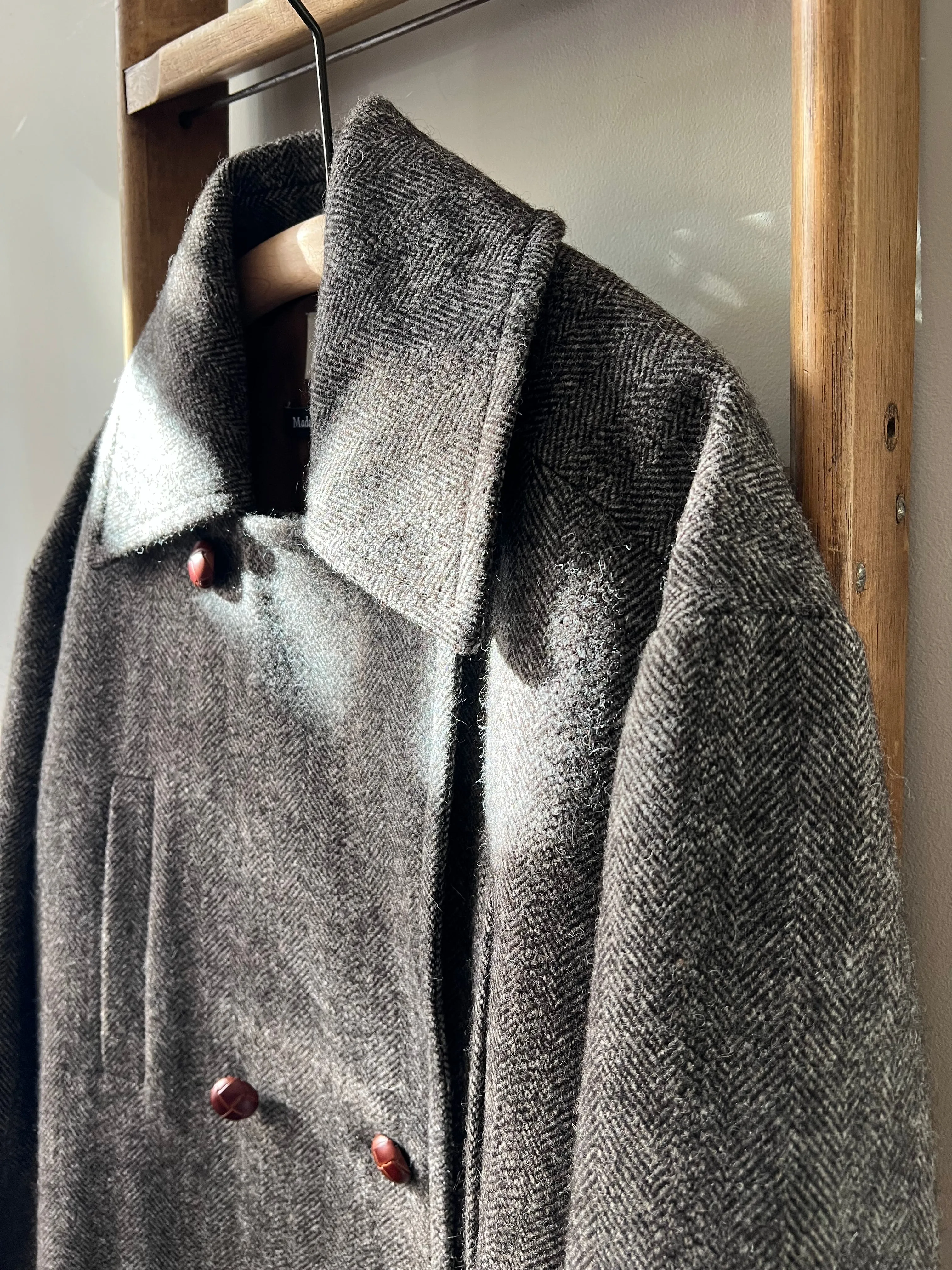 Shetland Wool Long Pea-Coat / Brown Herringbone
