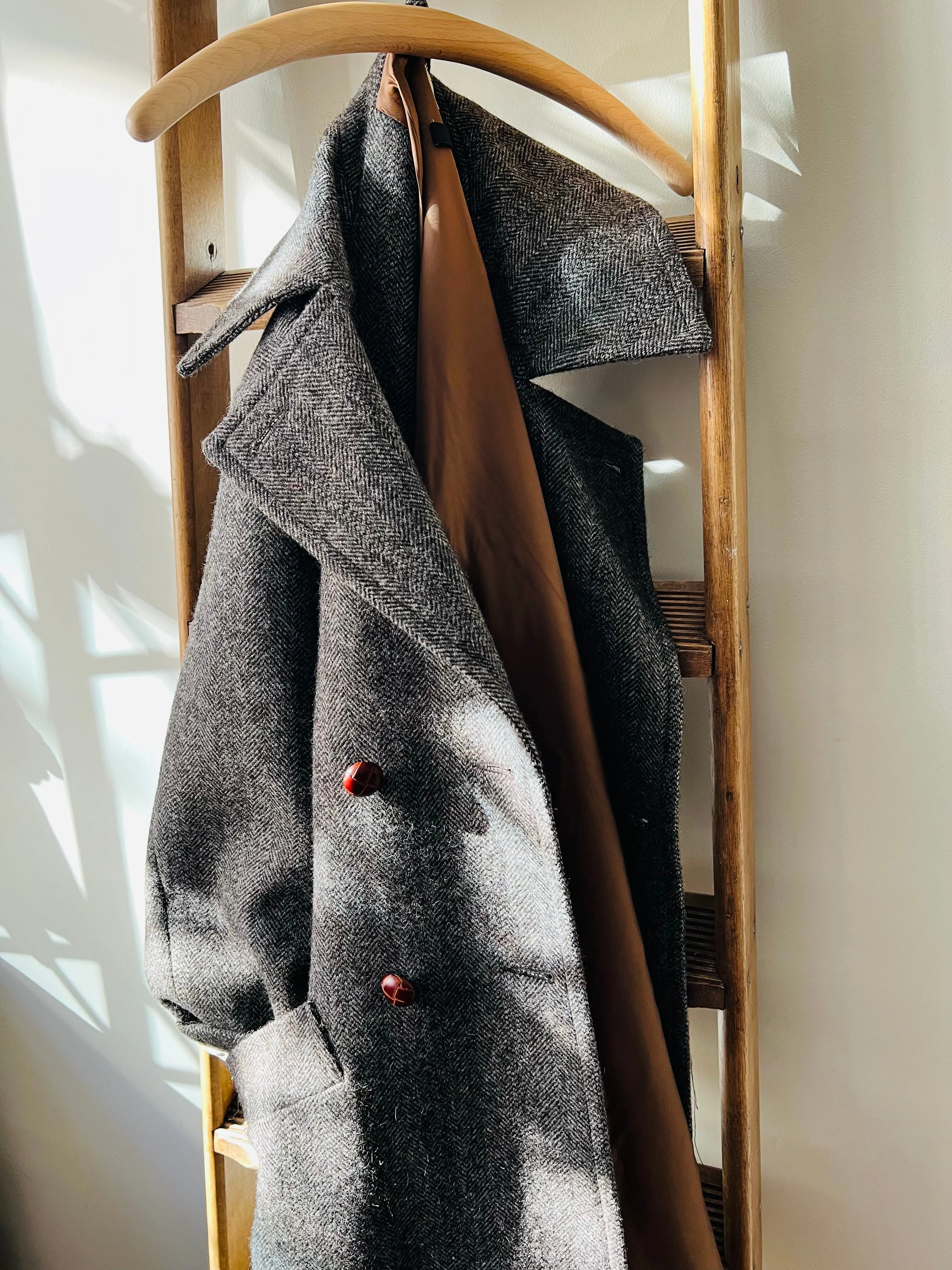 Shetland Wool Long Pea-Coat / Brown Herringbone