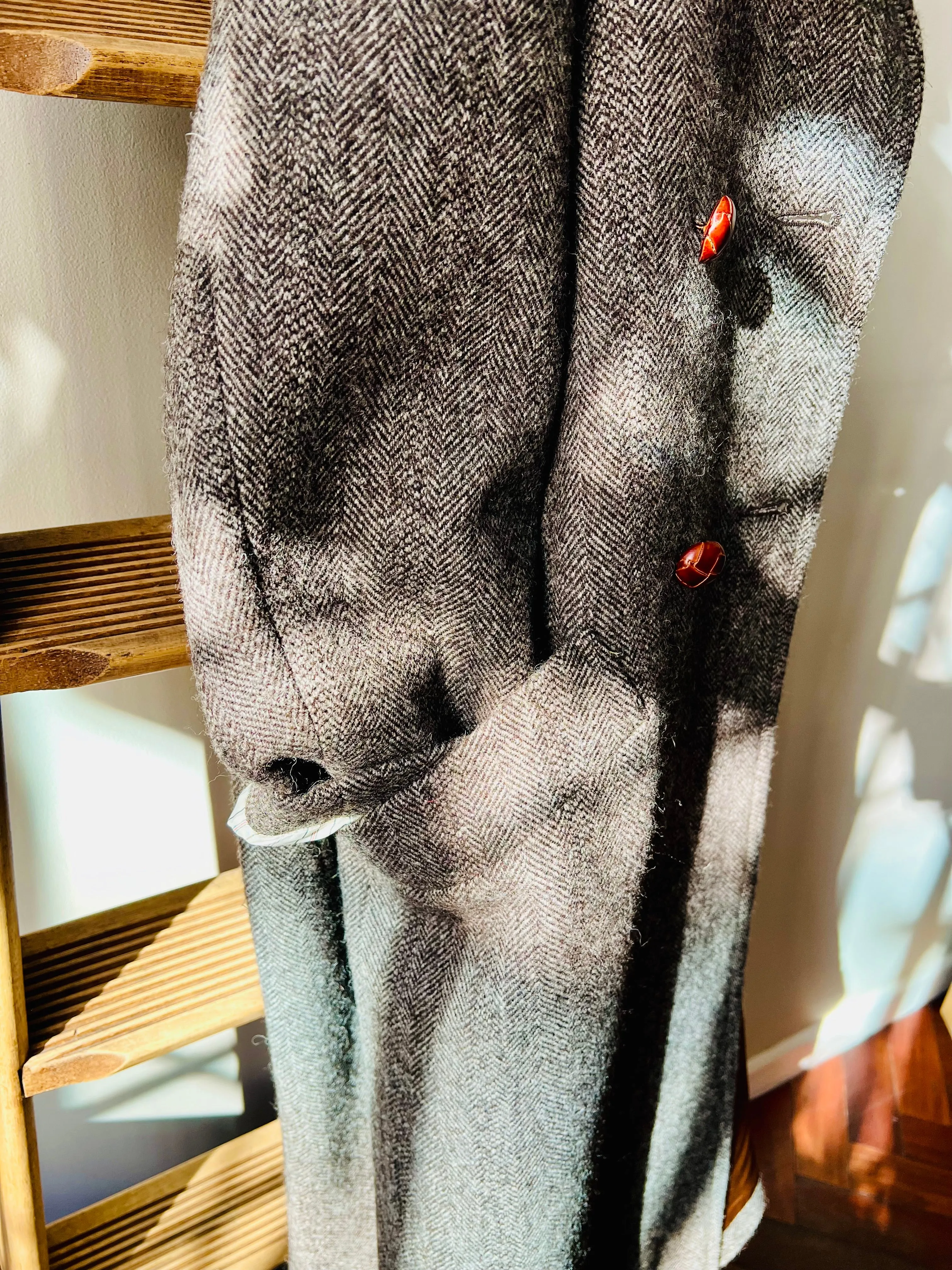 Shetland Wool Long Pea-Coat / Brown Herringbone