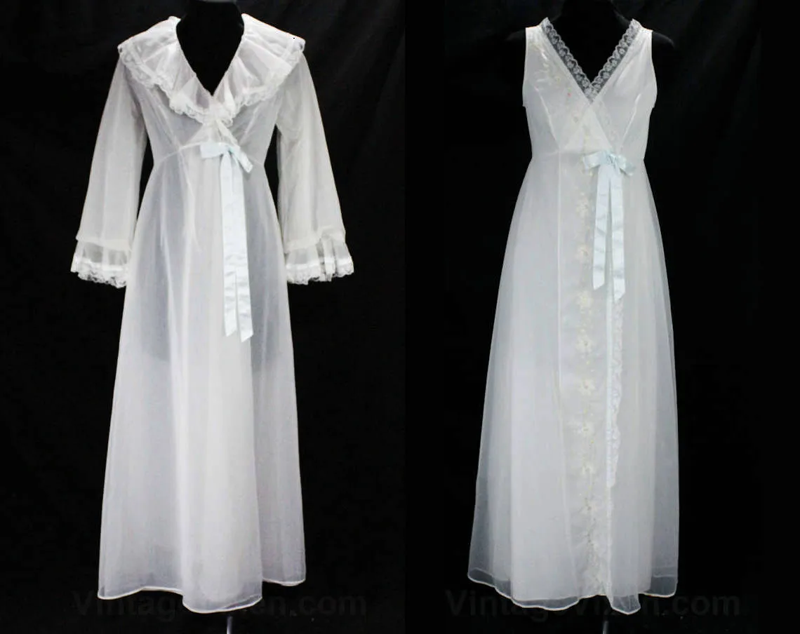 Size 8 Nightgown & Robe Set - Small Medium 1960s Peignoir Lingerie - Beautiful Pastel Daisy Embroidery - Summer Trousseau Nightie - Bust 35
