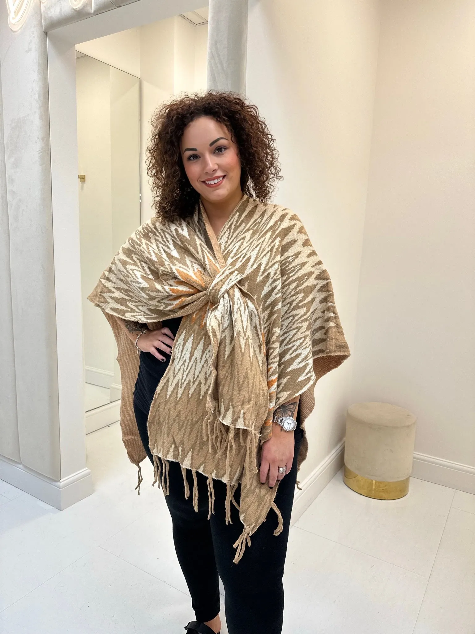 Skye Beige Zig Zag Bow Poncho