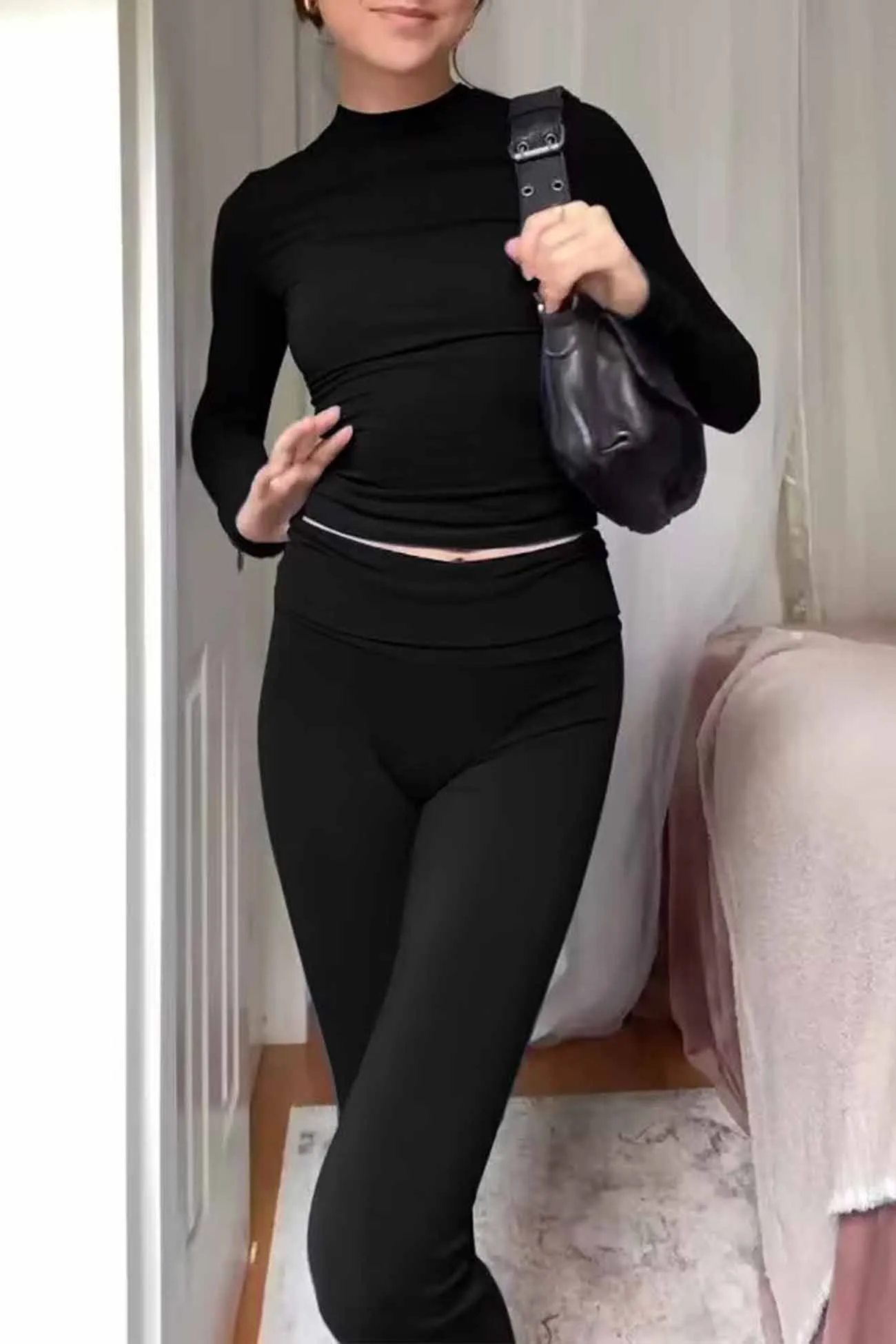 Solid Half Turtleneck Long Sleeve Set
