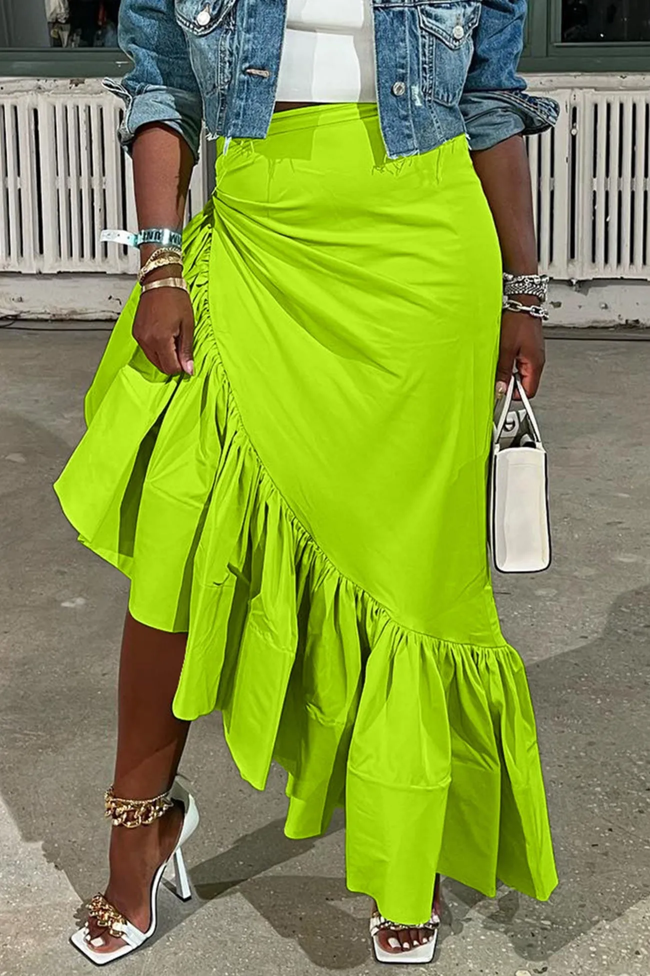 Solid Irregular Ruffle Hem Skirt