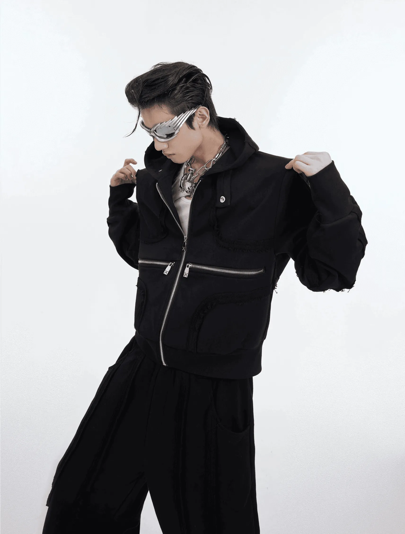 Sporty Short Shoulder Pads Hooded Jacket & Wide-leg Cargo Pants Setup WN4005