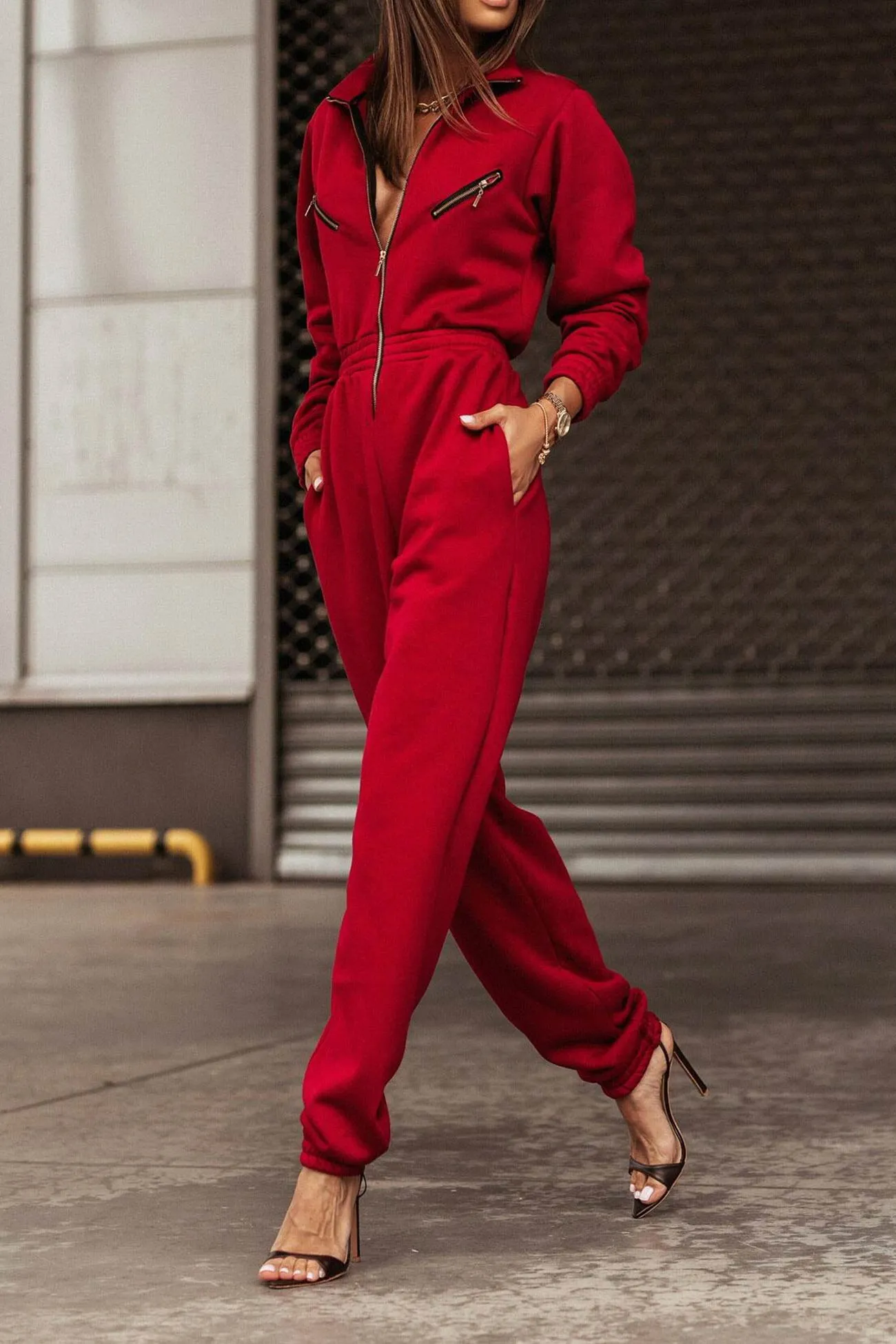 Stand Neck Zipper High Waist Jumpsuits