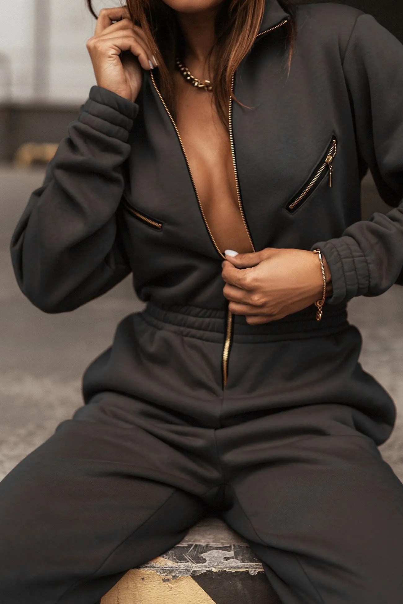 Stand Neck Zipper High Waist Jumpsuits