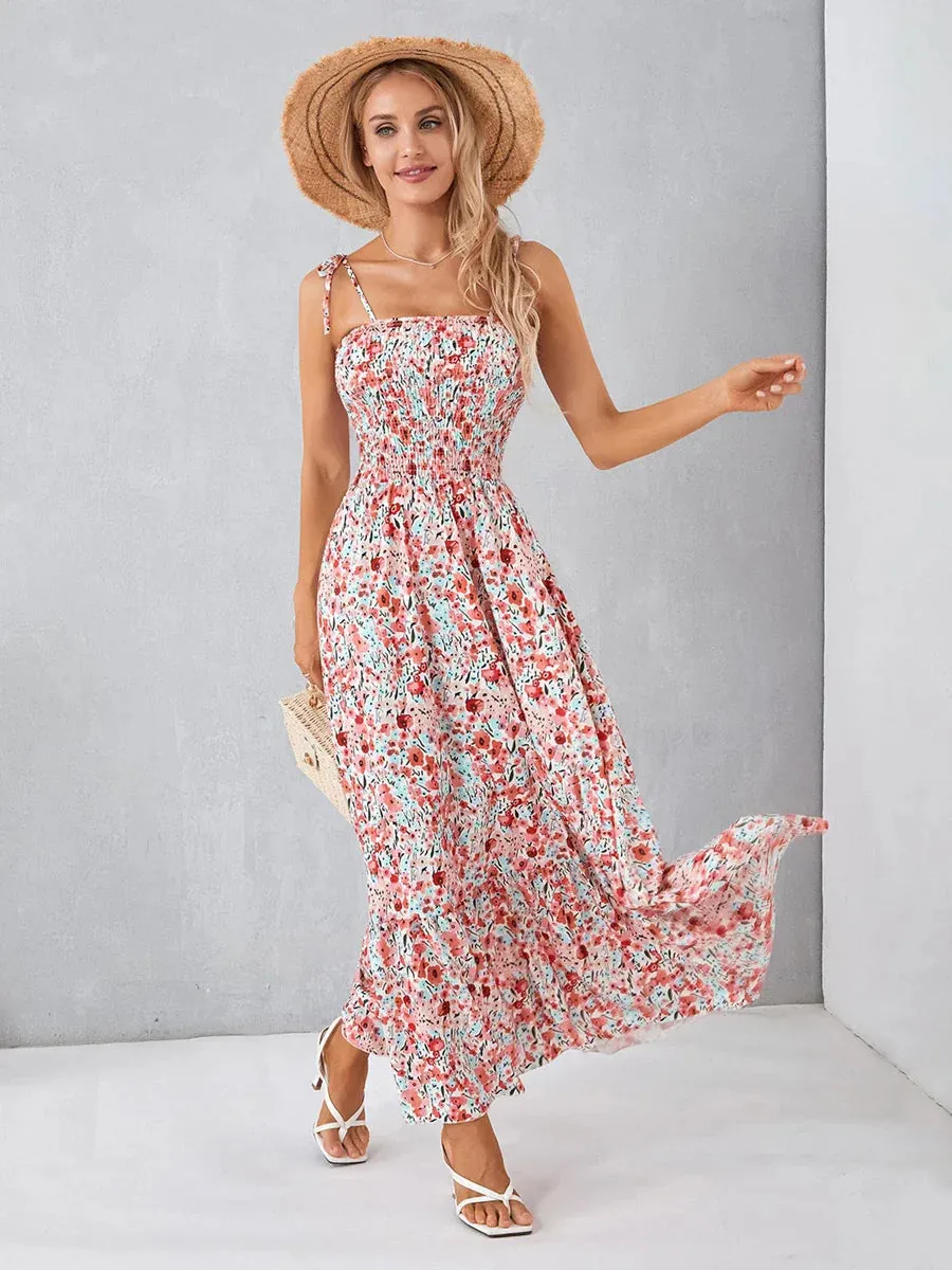 Straps Tie-up Long Floral Print Swing Summer Vacation Party Clubwear Casual Spaghetti Dress